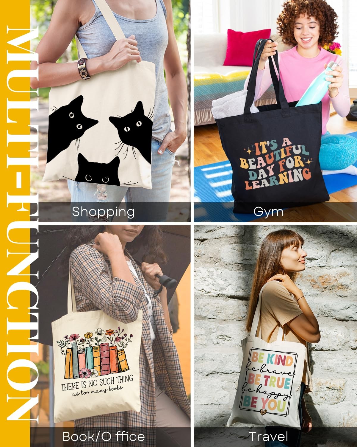 Canvas Tote Bag Aesthetic for Women, Cute Cat Reusable Cotton Cloth Cotton Ba