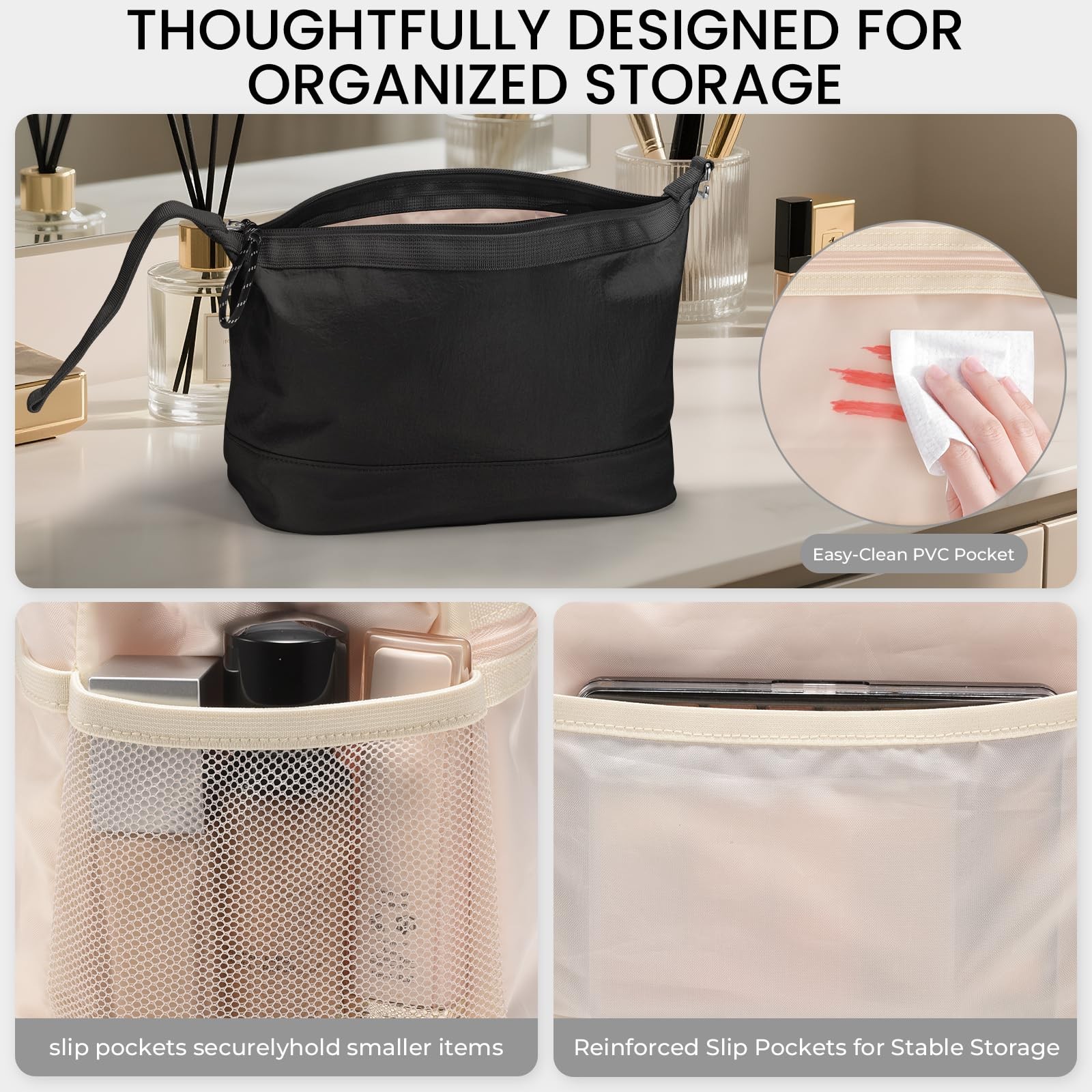 HauteHues Travel Makeup Bag for Women Large Capacity 10×5.9×4.9 inch, Black