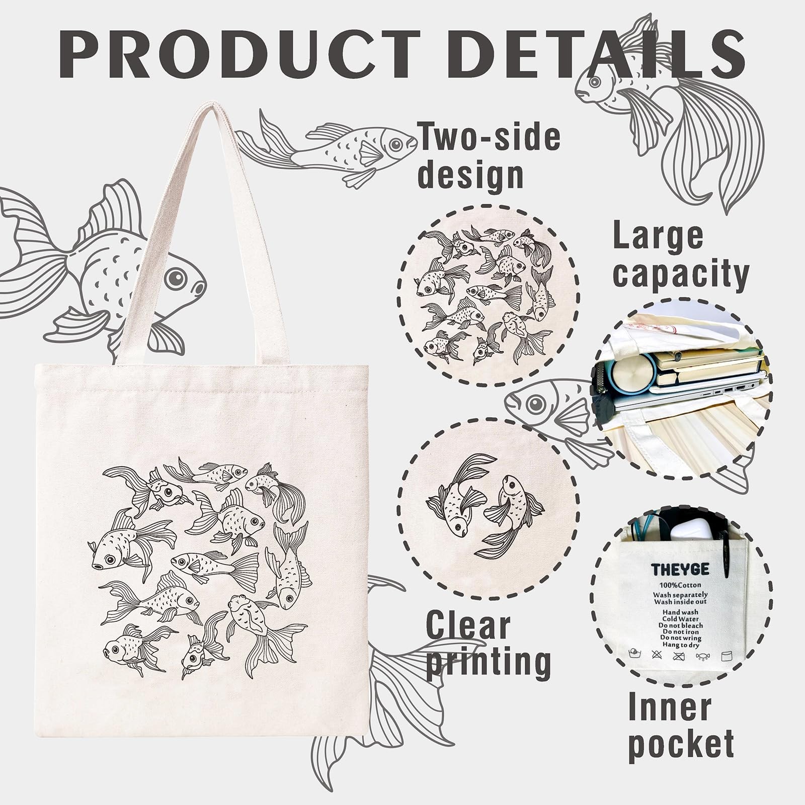 THEYGE Goldfish Tote Bag Aesthetic Cute Fish Tote Bag for Women Large Vintage…
