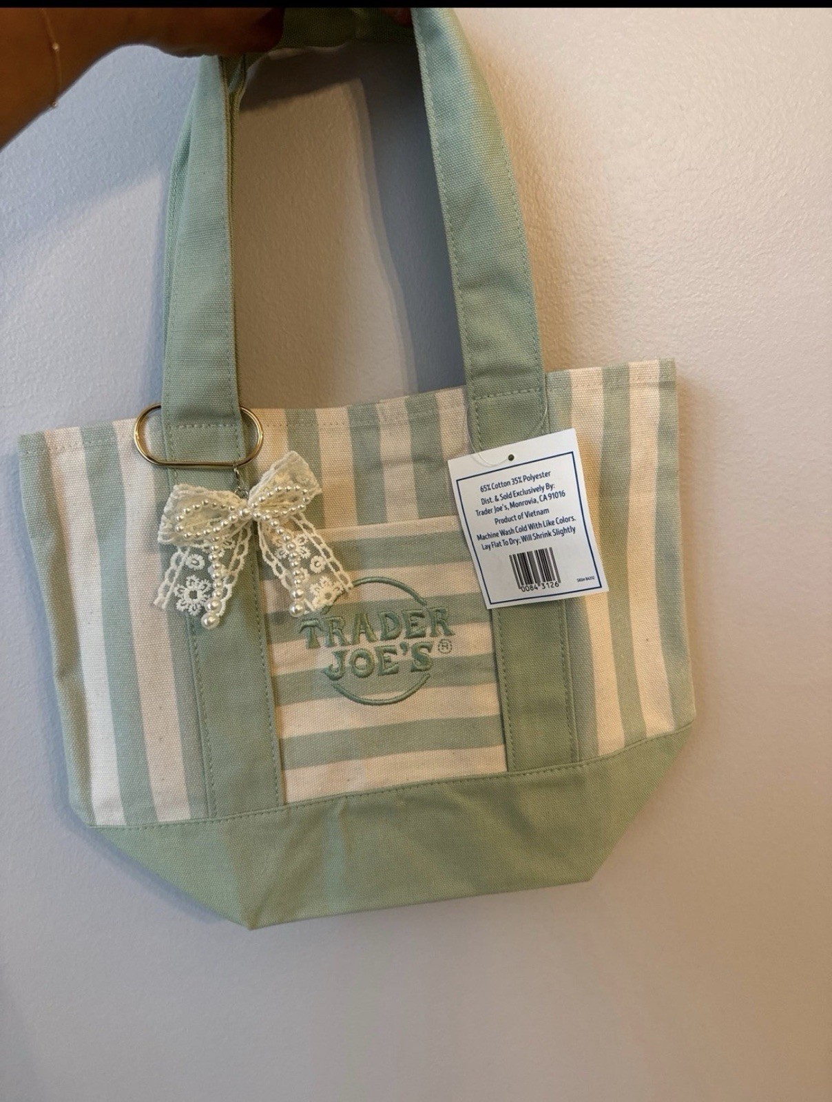 Trader Joe’s Small Striped Tote Bag Green/Beige Cotton Polyester 13x6x10