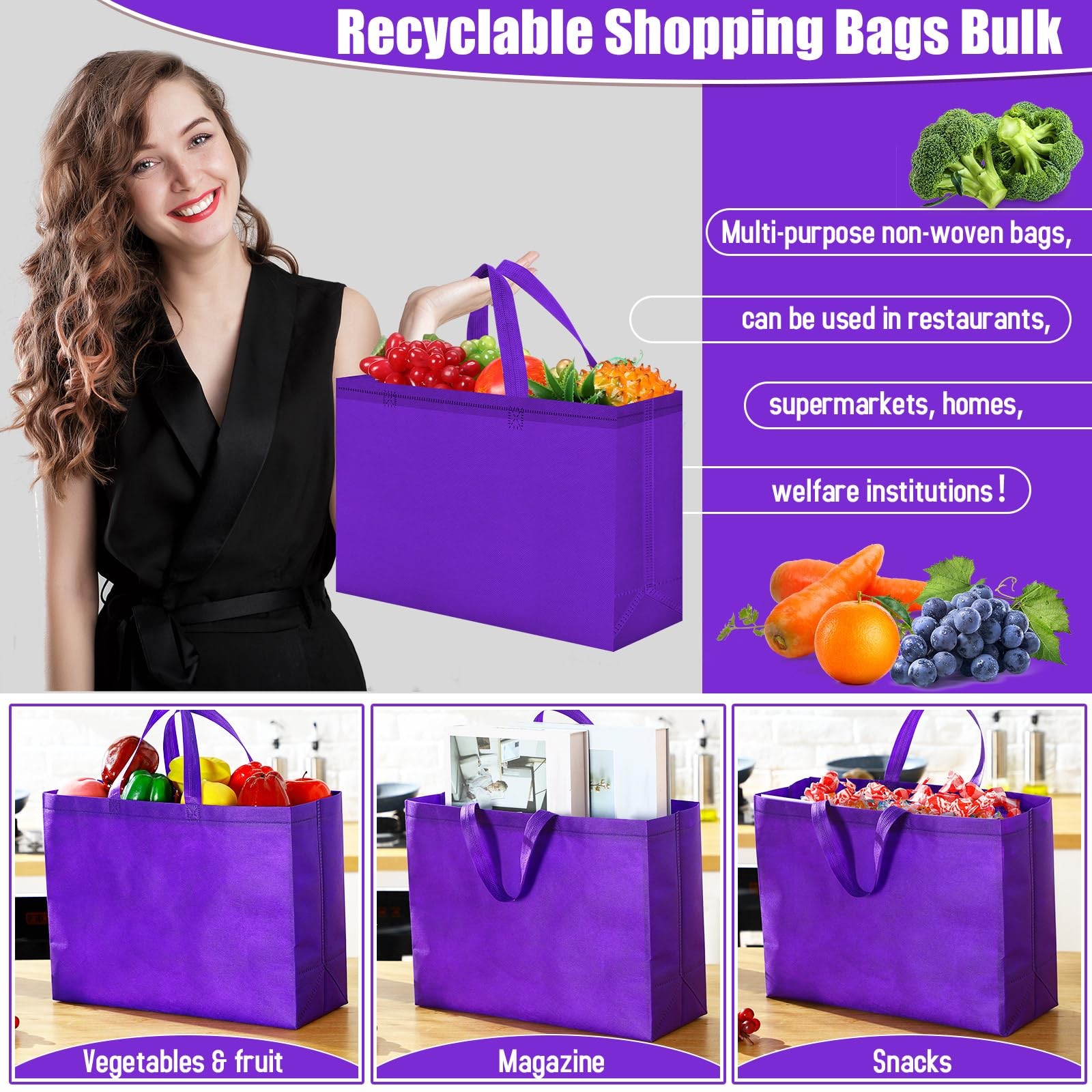 Large Reusable Grocery Shopping Bags Non Woven Foldable Handles 16x6x12 Inch