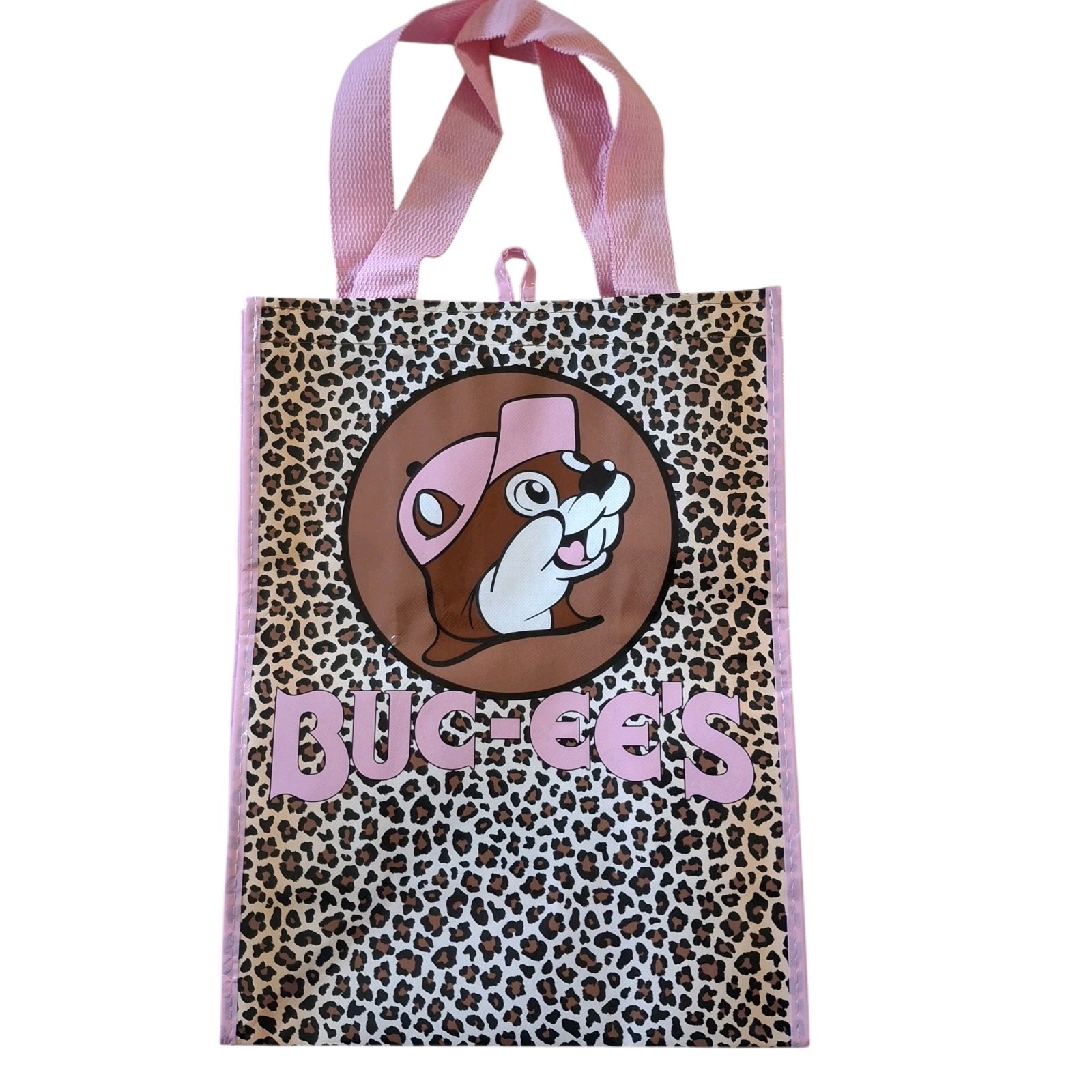 ​Buc-ee’s Reusable Tote Bag Pink Leopard Cheetah Print Beaver Logo 15x12x7 In.