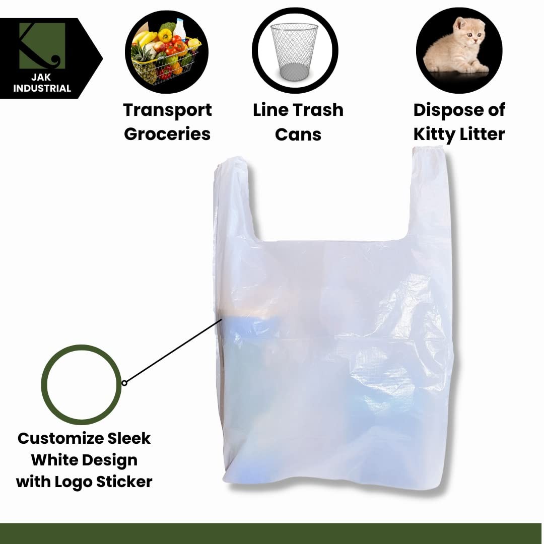 200 Large Plastic Grocery T-Shirt Bags with Handles – Plain White 21 x 12 x 6…