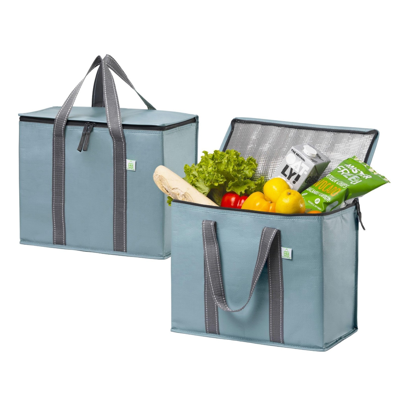 2 Pack Light Blue Insulated Cooler Bag Reusable Grocery Bags with Hard Bottom