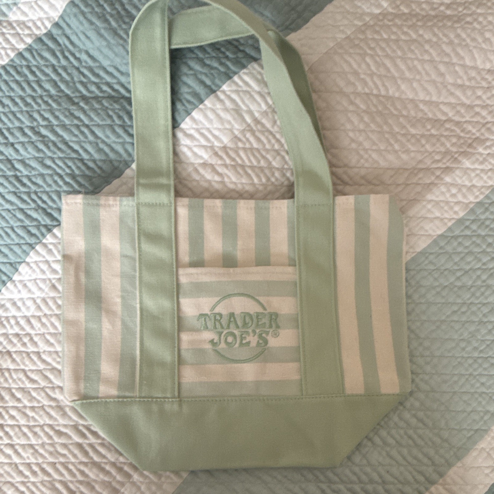 Trader Joe’s Green & White Striped Canvas Tote Bag Authentic New