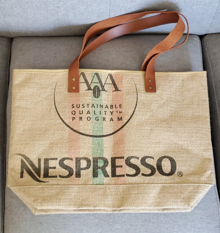 Nespresso Jute Bag Reusable Tote Cotton Lined Double Handles Coffee Logo