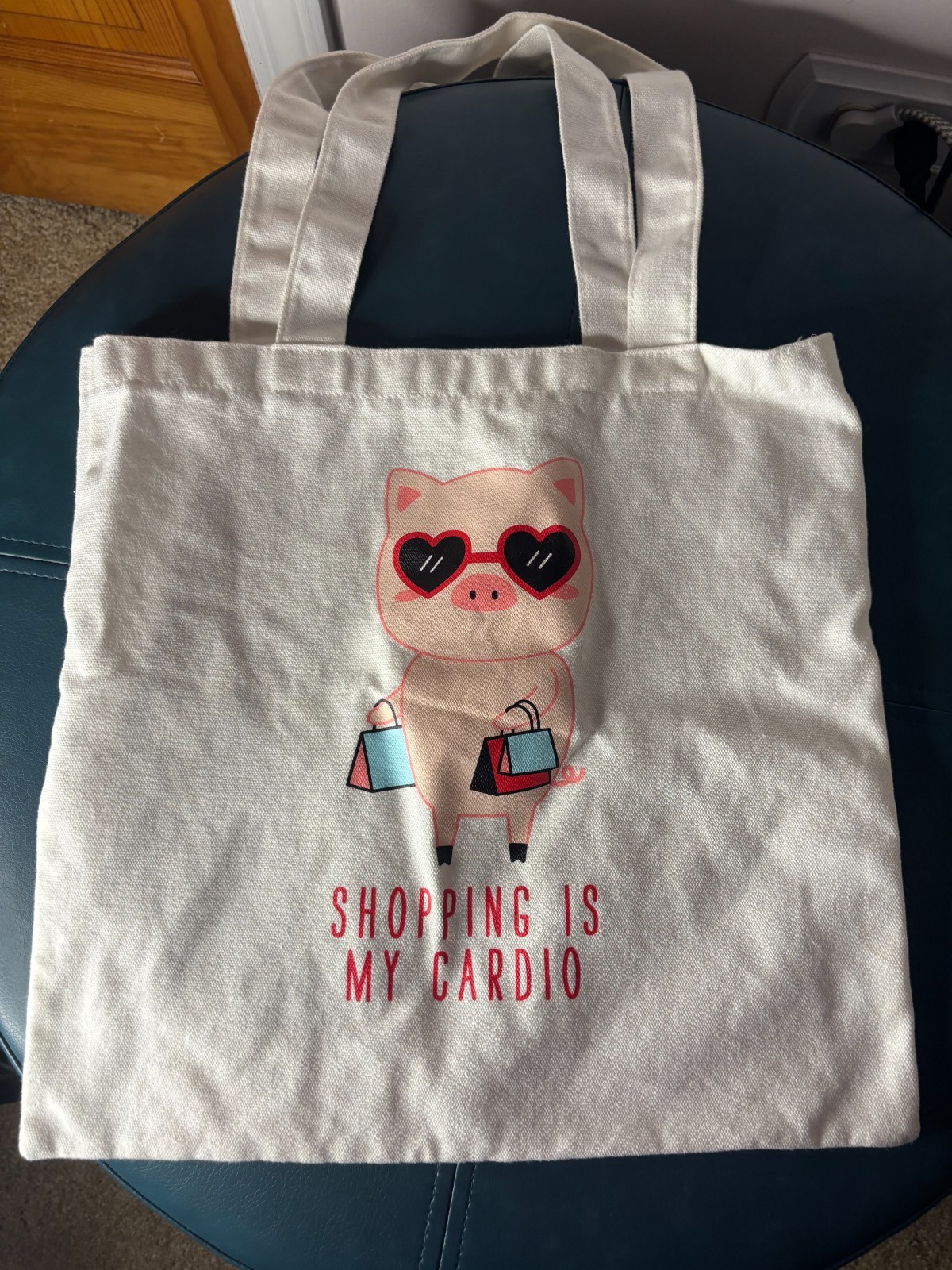 Shopping is My Cardio Tote Bag with Pig Cartoon (New, Never Used)