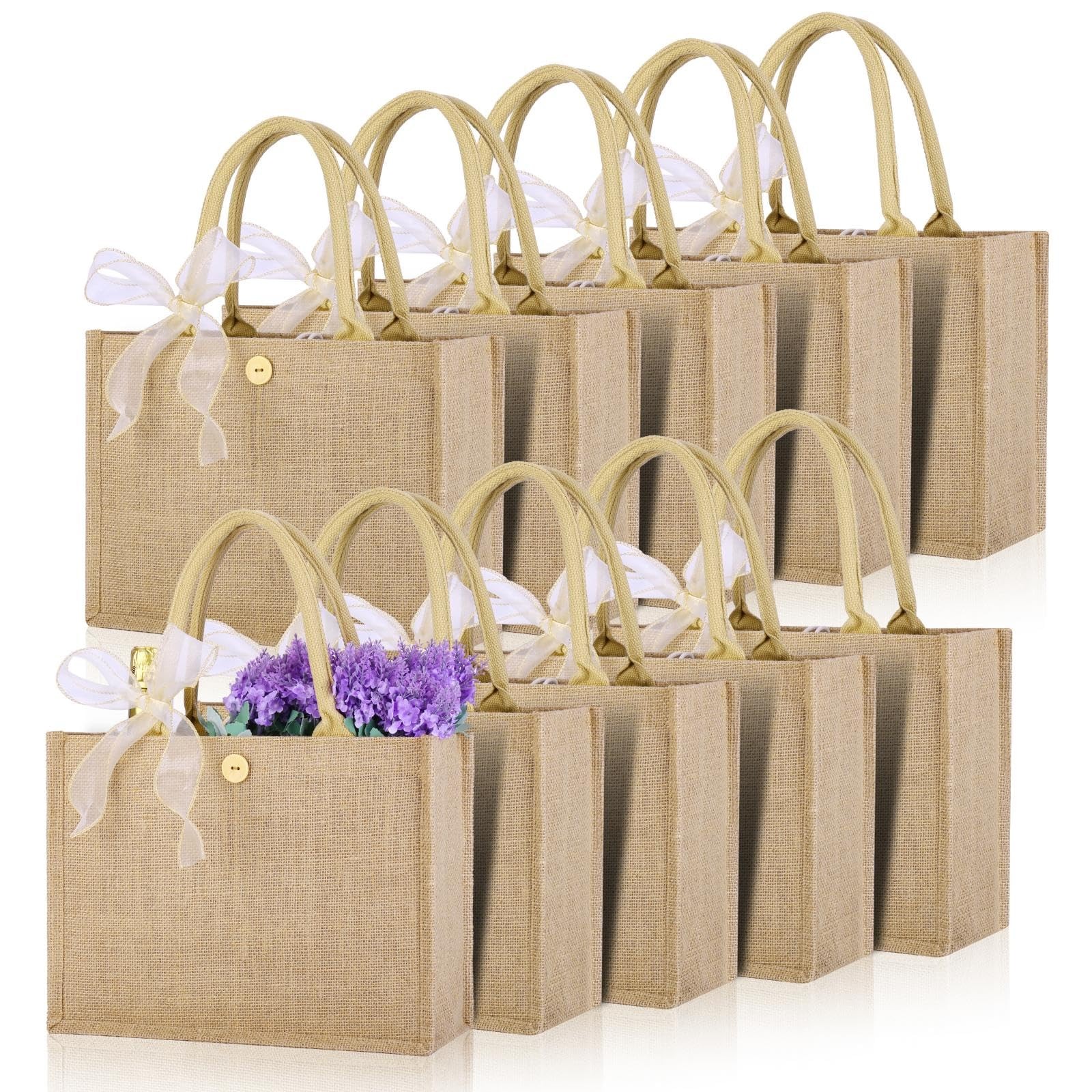 10 PCS Burlap Tote Bag Set Handles Reusable Grocery Ribbon 13×9.5×4.7 Inch