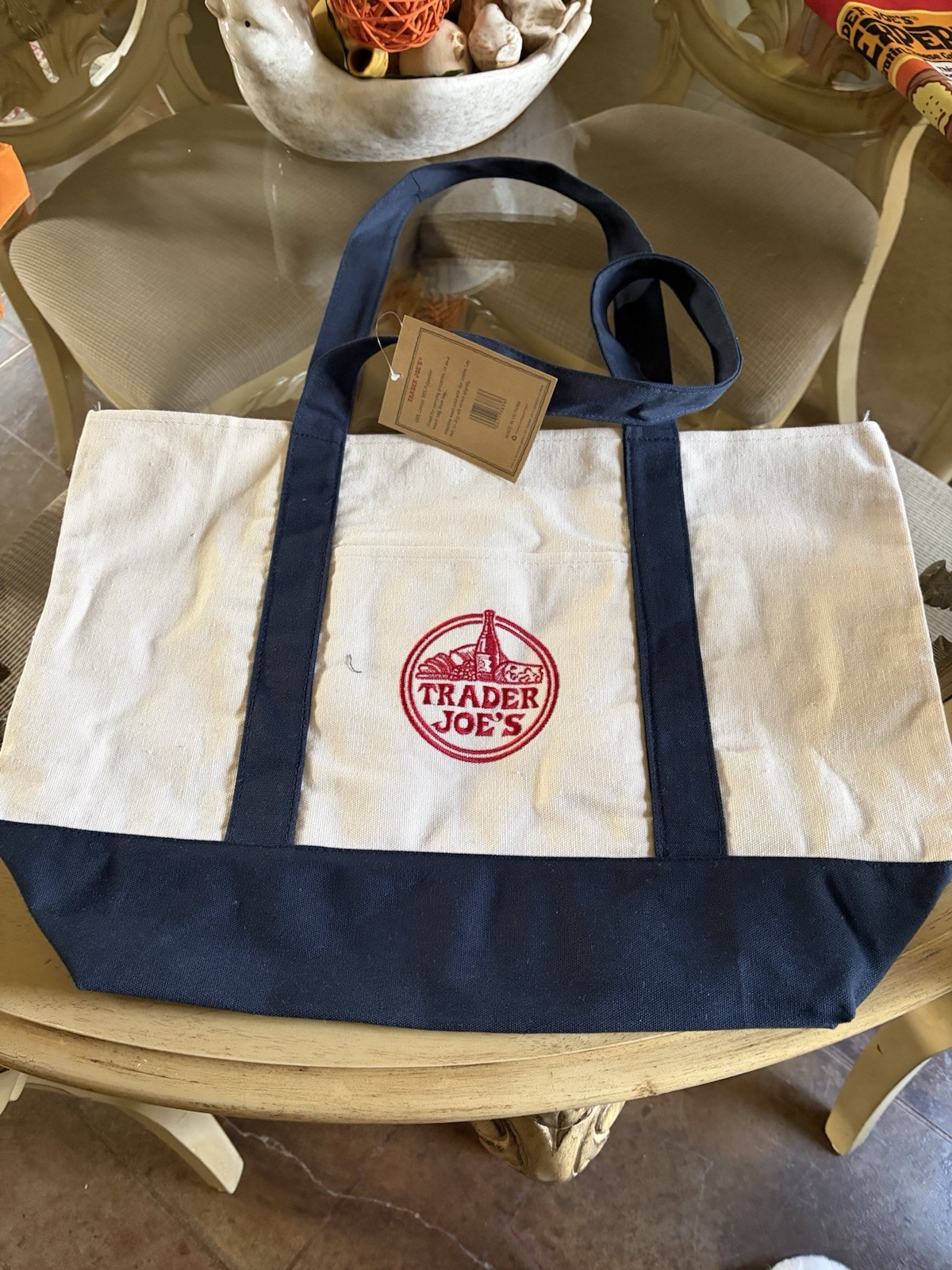 Trader Joe’s White and Navy Blue Foldable Reusable Tote Bag Cotton Polyester