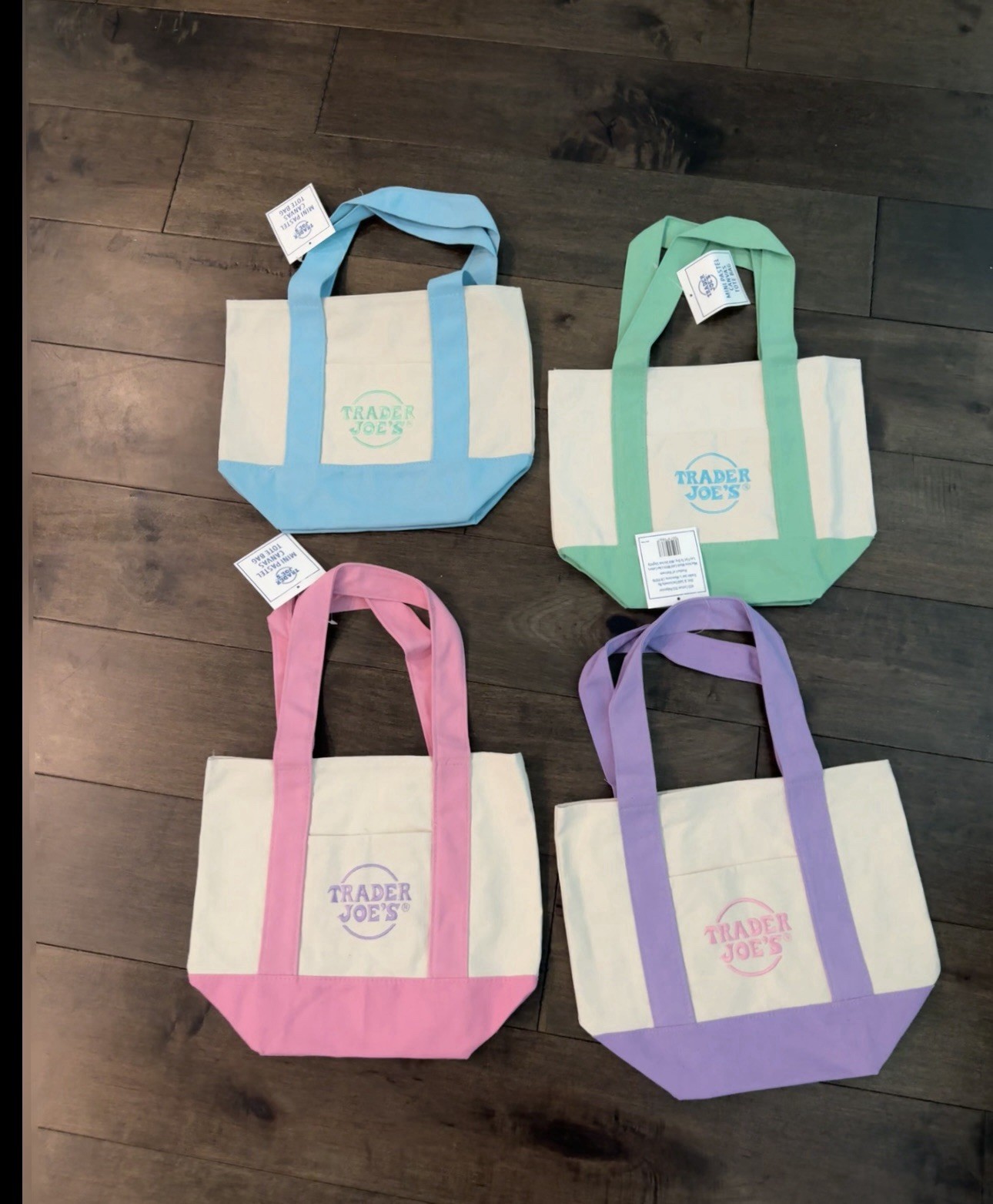 Trader Joe’s Pastel Mini Canvas Tote Bags 2025 LIMITED EDITION NWT LOT OF 4