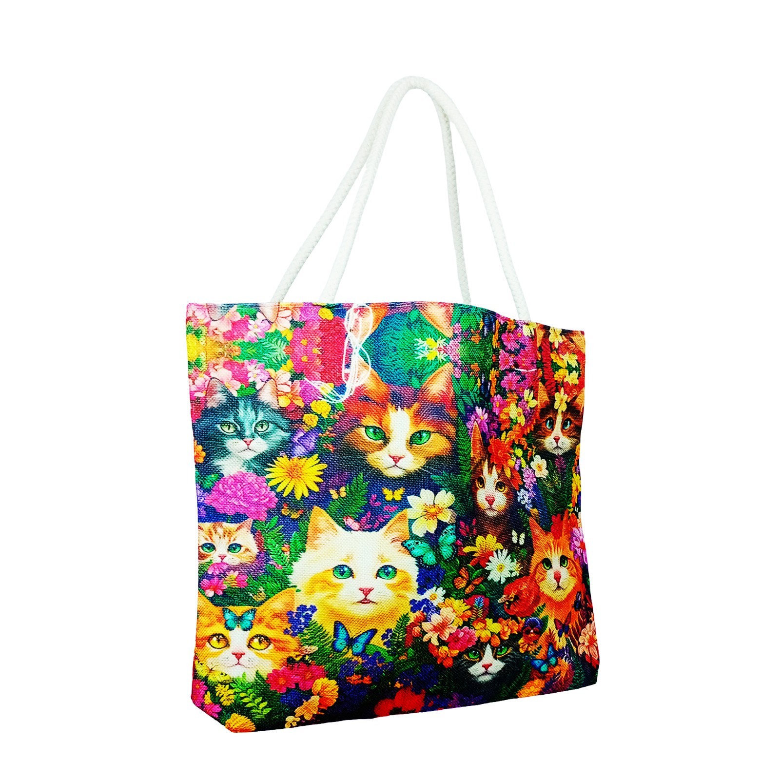 Flower Kitties Jute Tote Bag – 17 x 15 x 4.5 Inch Eco-Friendly Shopping Bag