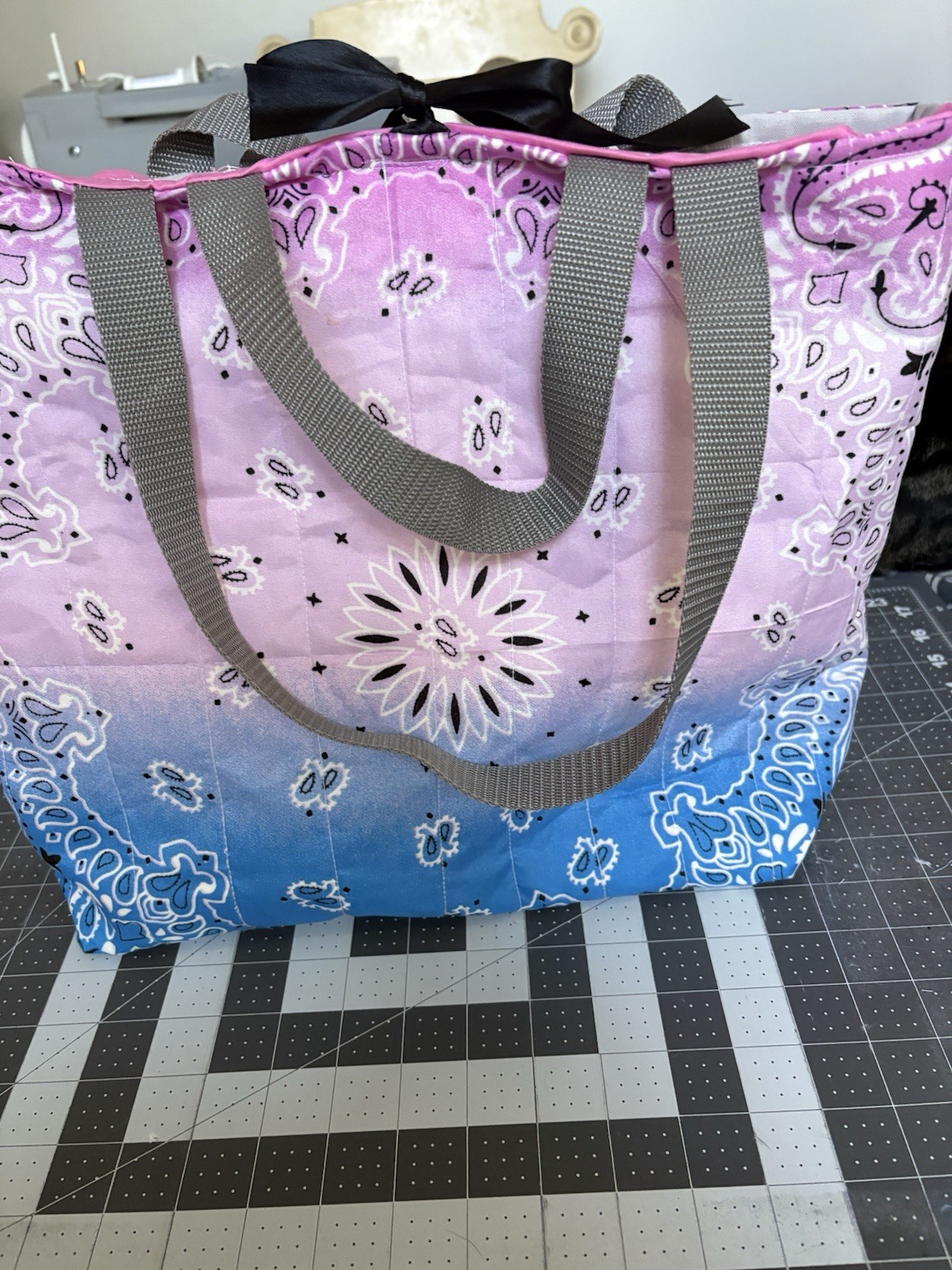 Pink & Blue Paisley Reusable Fabric Tote Shopping Bag w/ Gray Handles 15x12x6