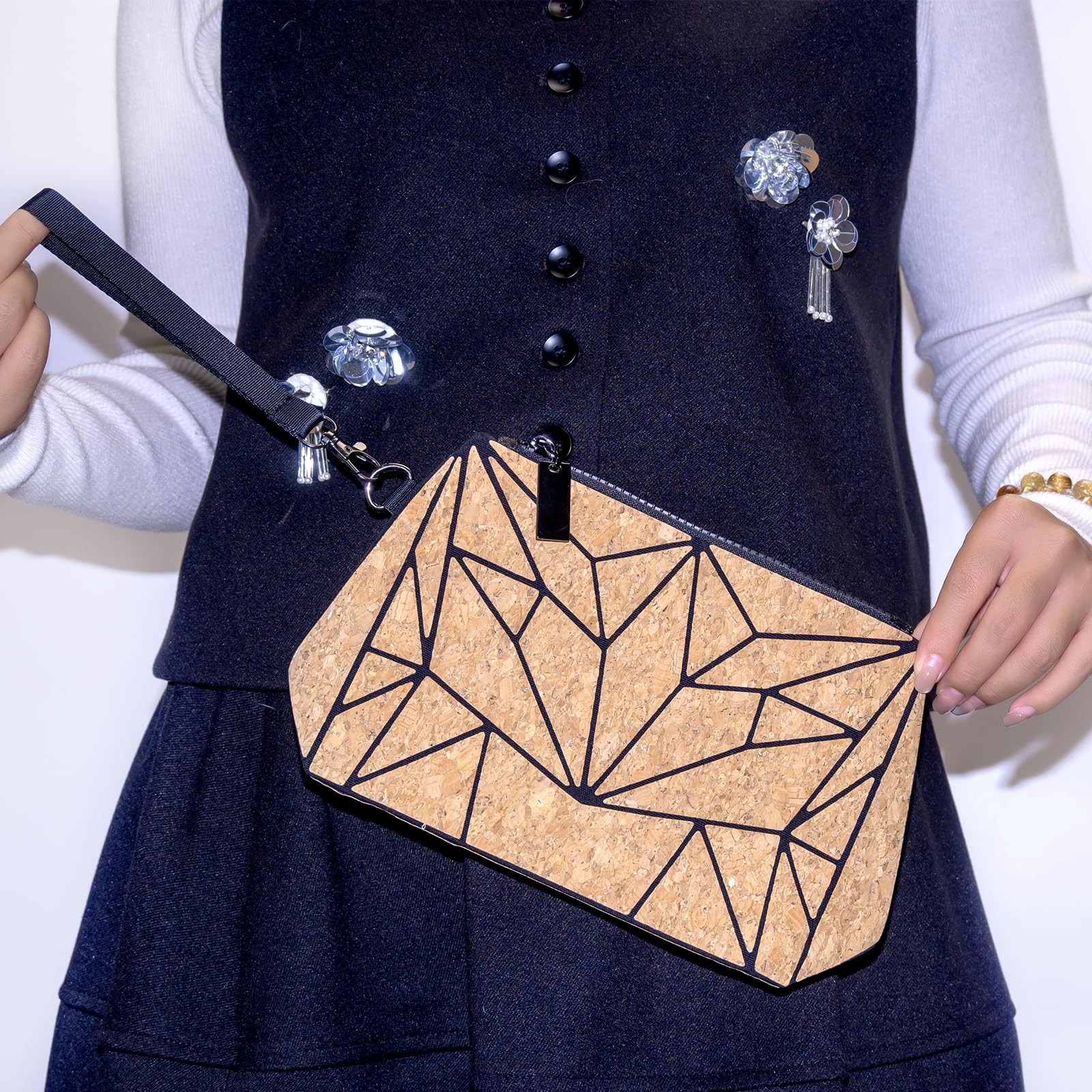 daaiurbags Natural Cork Handbag for Women, Geometric 10×6 inches, Multi