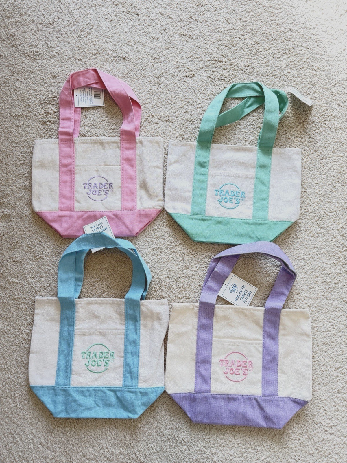 Trader Joe’s 2026 Spring Mini Pastel Canvas Tote Bags – Set Of 4 – READY TO SHIP