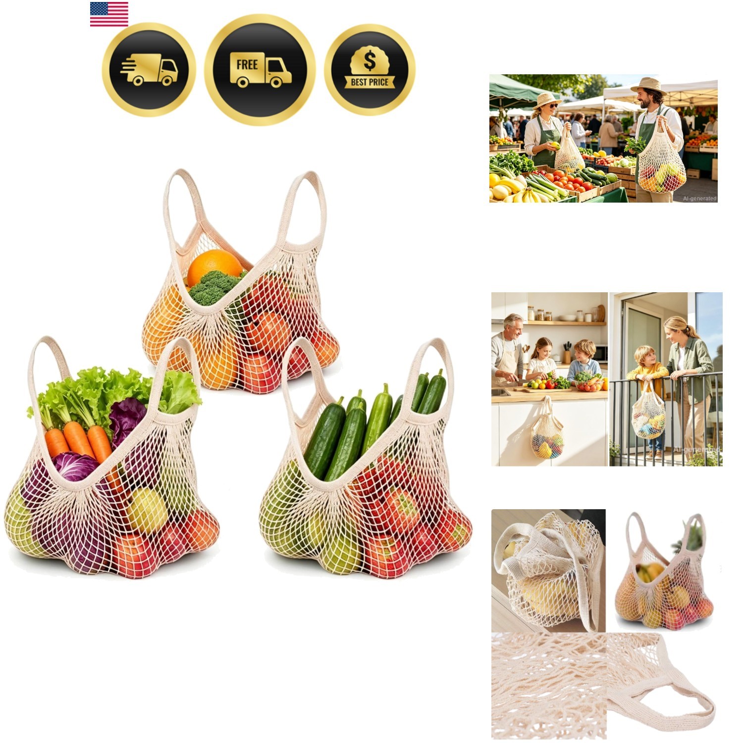Reusable Cotton Mesh Grocery Bags Cotton String Bag Net Shopping Mesh Bags Pa…