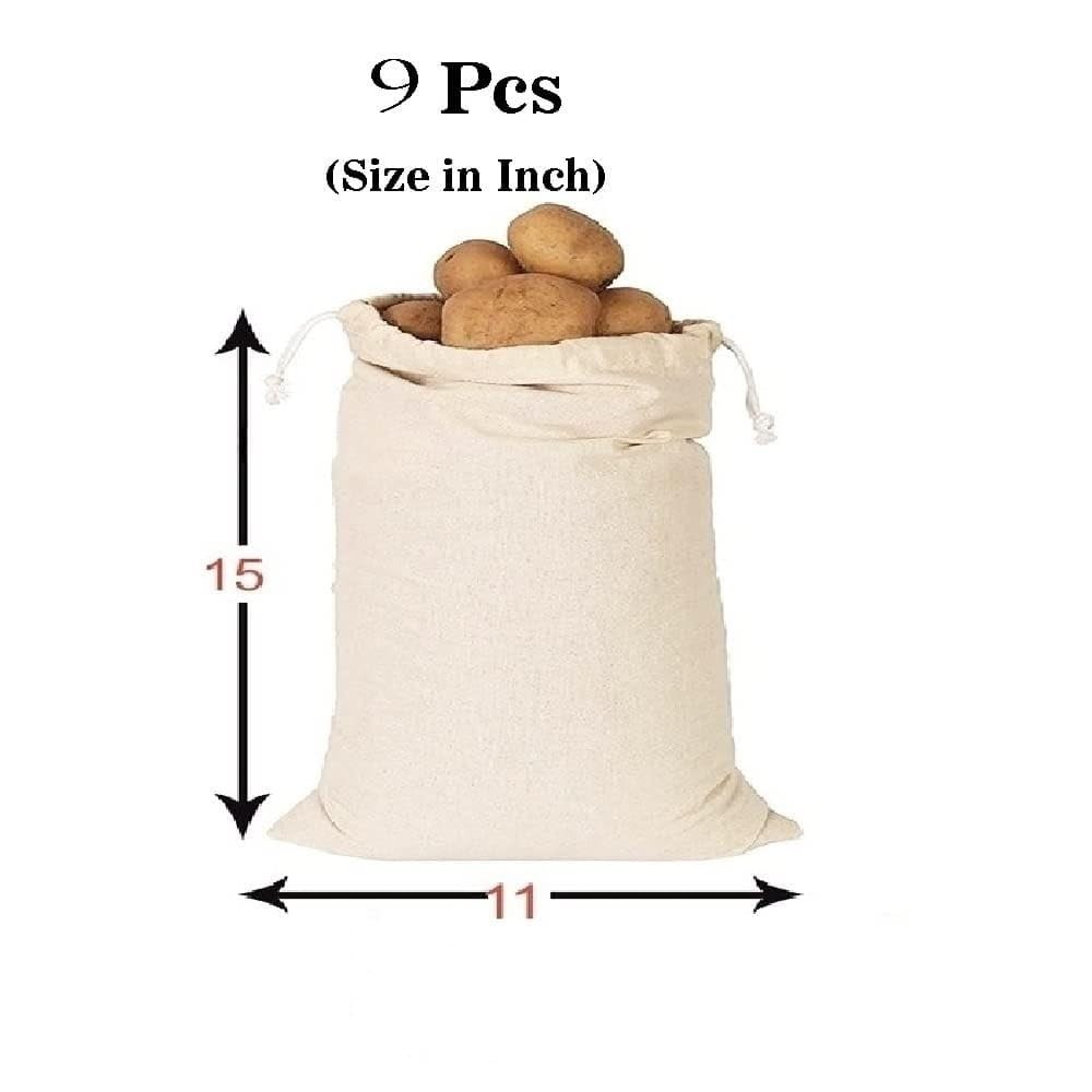 SONU COMMERCIAL 9 Big Size Muslin Cotton Kitchen Storage Bags Variety, Beige