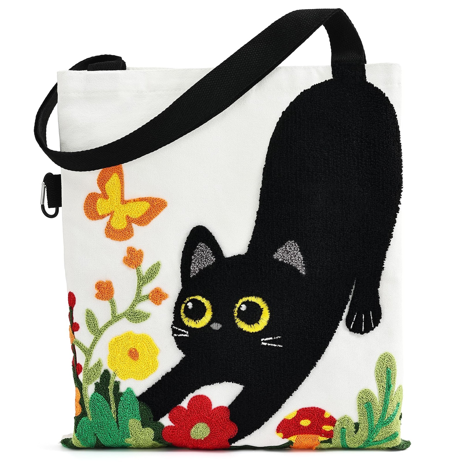 Embroidered Cat Canvas Tote Bag for – Cute 3D Black Cat & Flowers Reusable Ca…