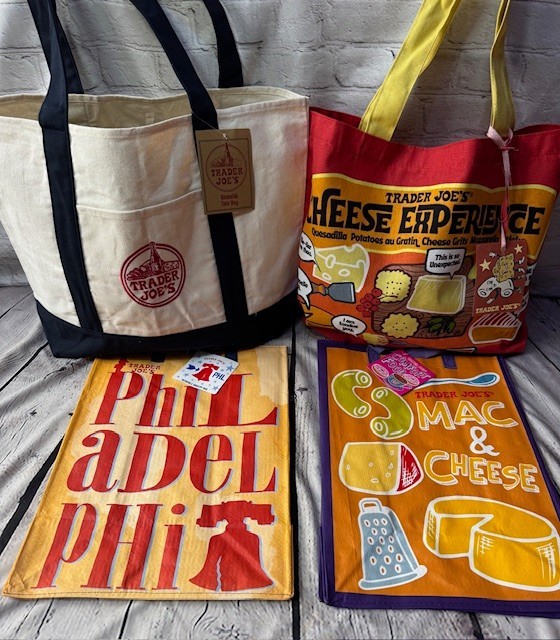 Lot of Trader Joe’s Bag Bundle 4 TOTAL Canvas Cheese Comfort Foods Philadelphia