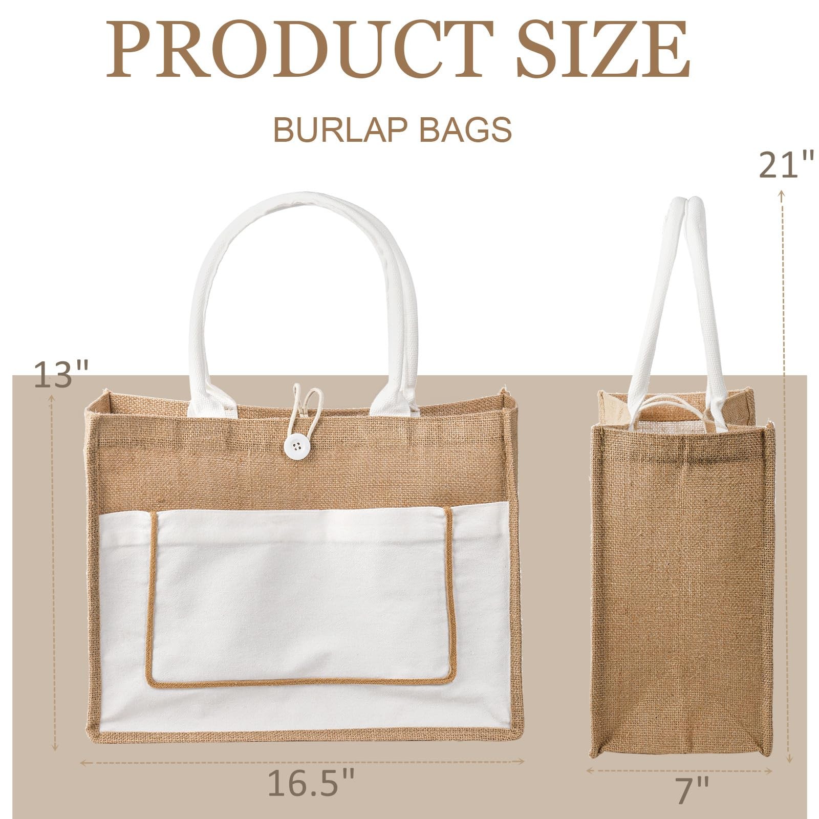 6 Pack Jute Tote Bags, 16.5″x 13″x 7″ Large Burlap Tote Bag with Handles, Bea…