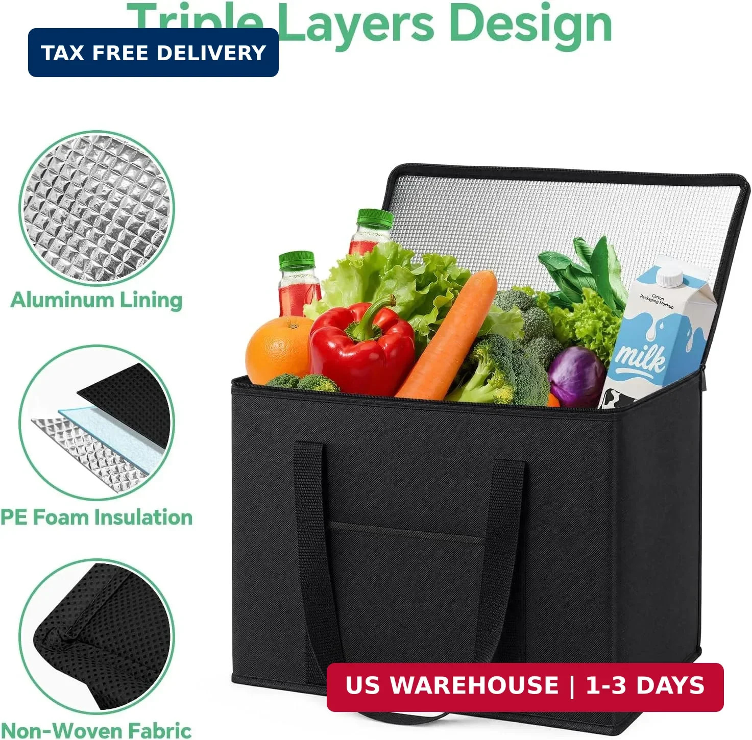 2 Pack Insulated Grocery Bags, Collapsible Insulated Cooler Bag, Reusable Shoppi