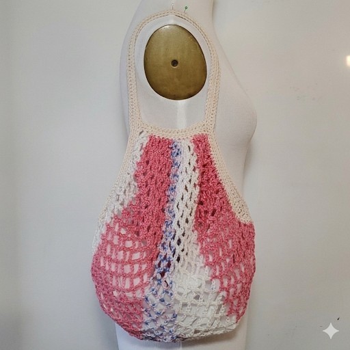Farmers Market Bag Pink Handmade Crochet French Net Sack Cotton Grocery Beach