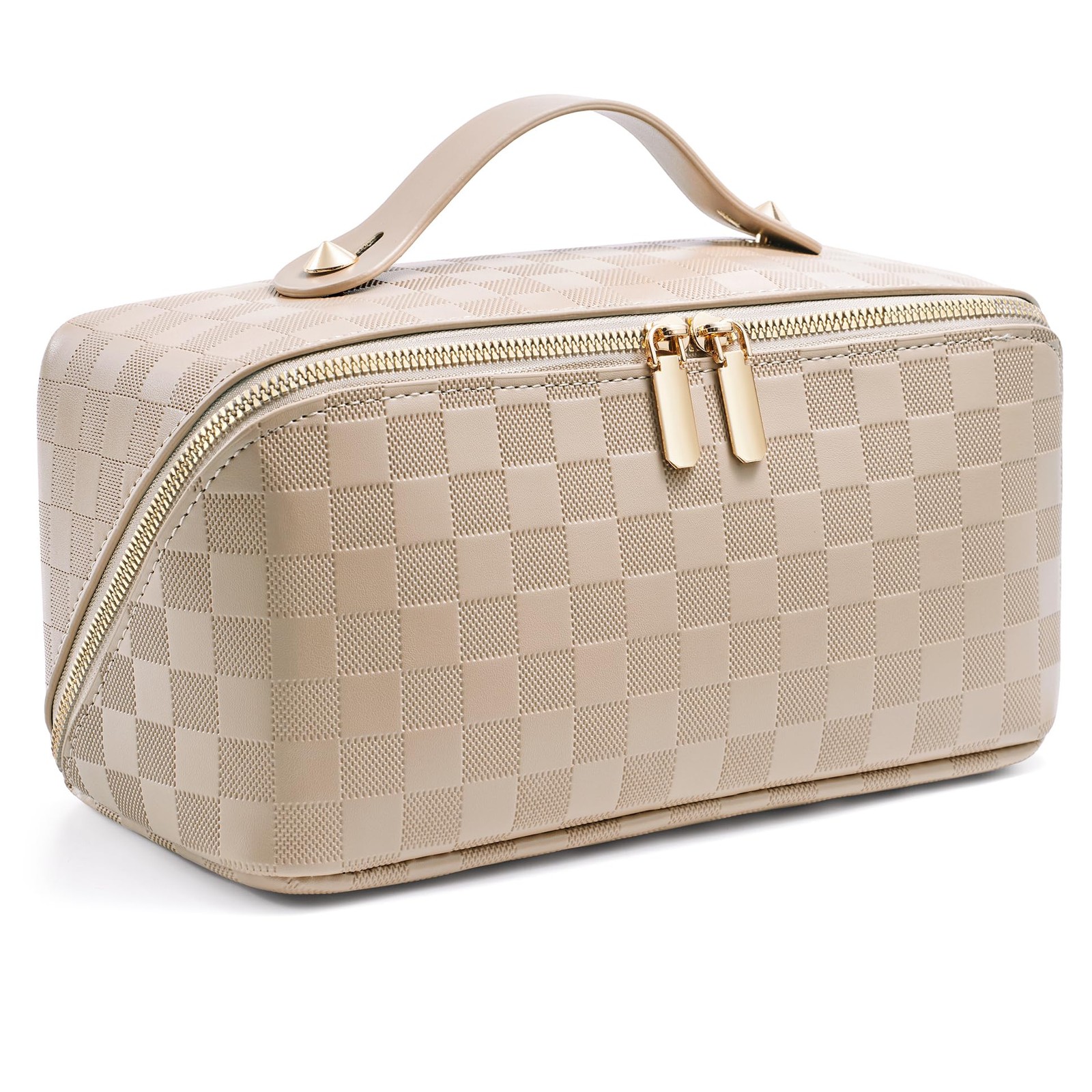 Large Capacity Travel Cosmetic Bag – Open Flat Makeup Bags for Medium, khaki