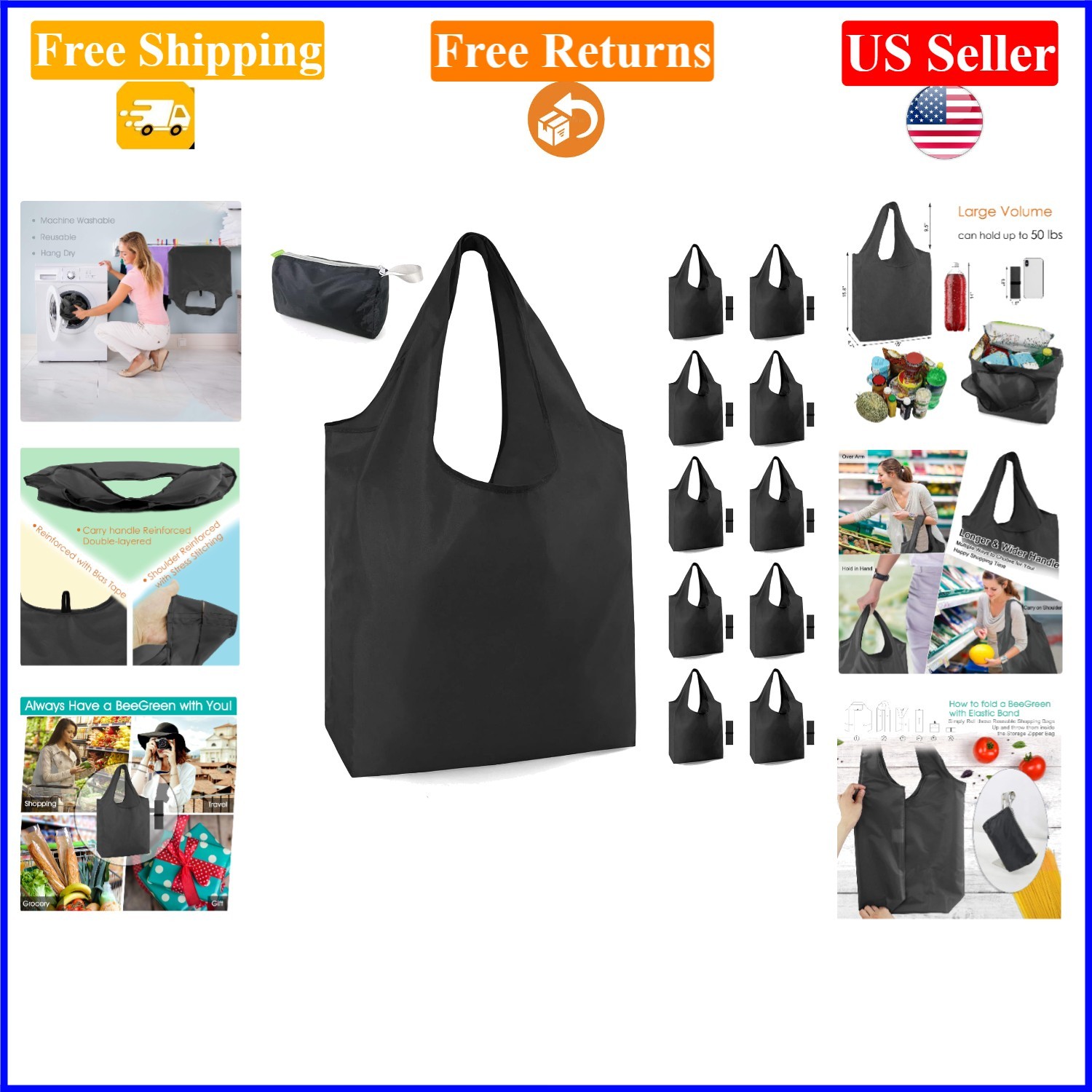 10-Pack Black Heavy Duty Reusable Grocery Bags with Pouch, 50LBS Capacity