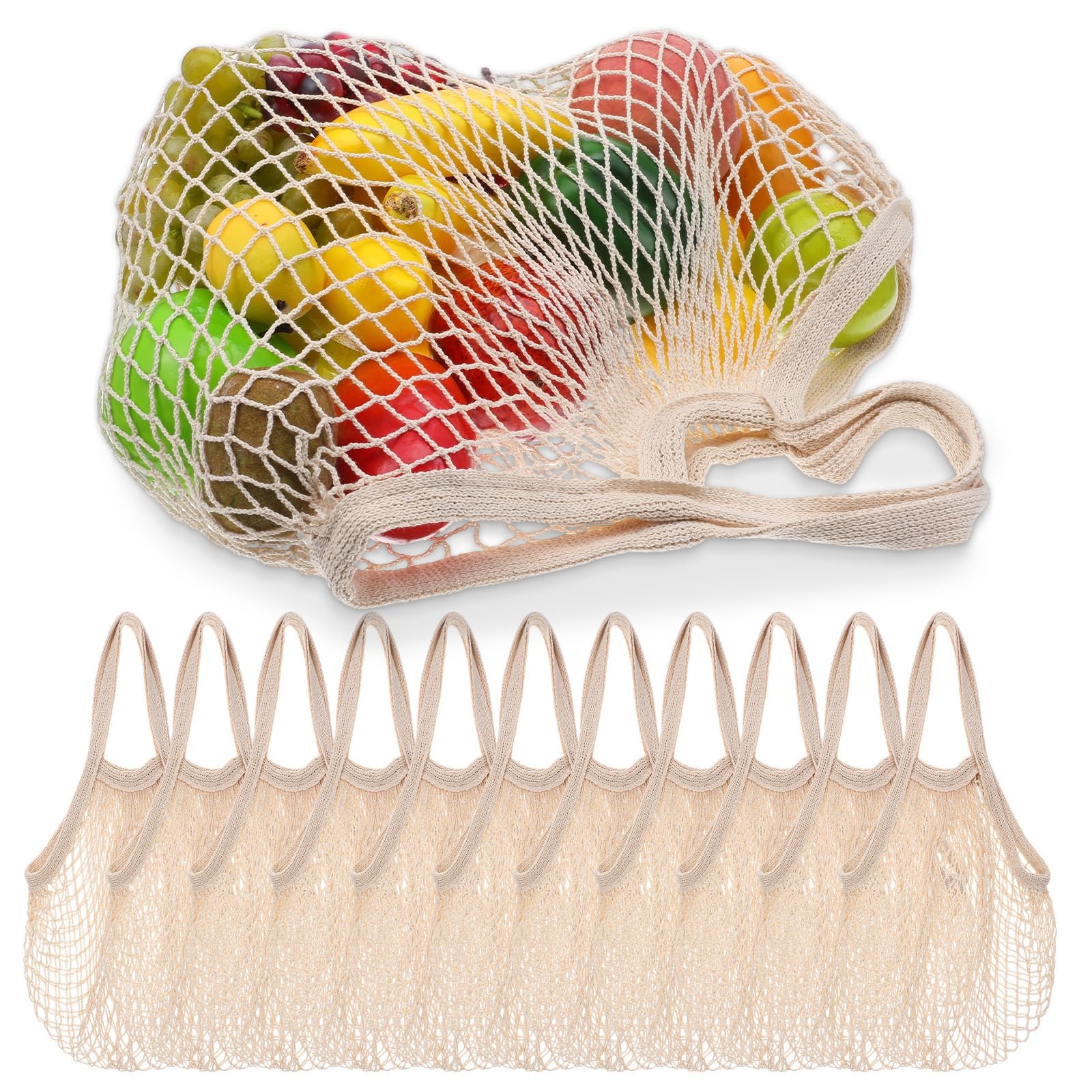 12 PCS Reusable Cotton Mesh Produce Bags Beige Washable Grocery Net Tote