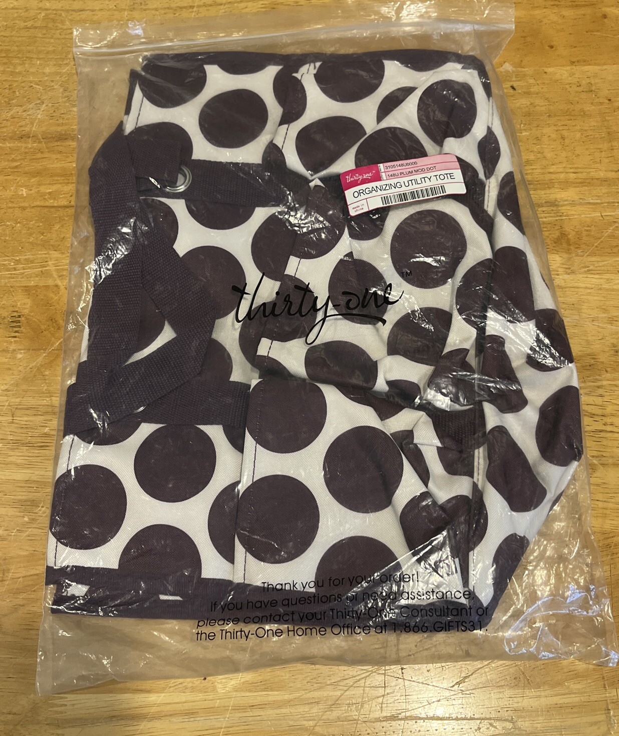 Thirty-One Organizing Utility Tote New 148U Plum Mod DOT 3105 15” X 10” X 6”