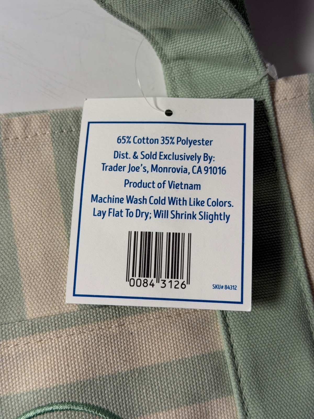 2026 Trader Joe’s Special Striped Mini Canvas Tote Bag in Seafoam Green