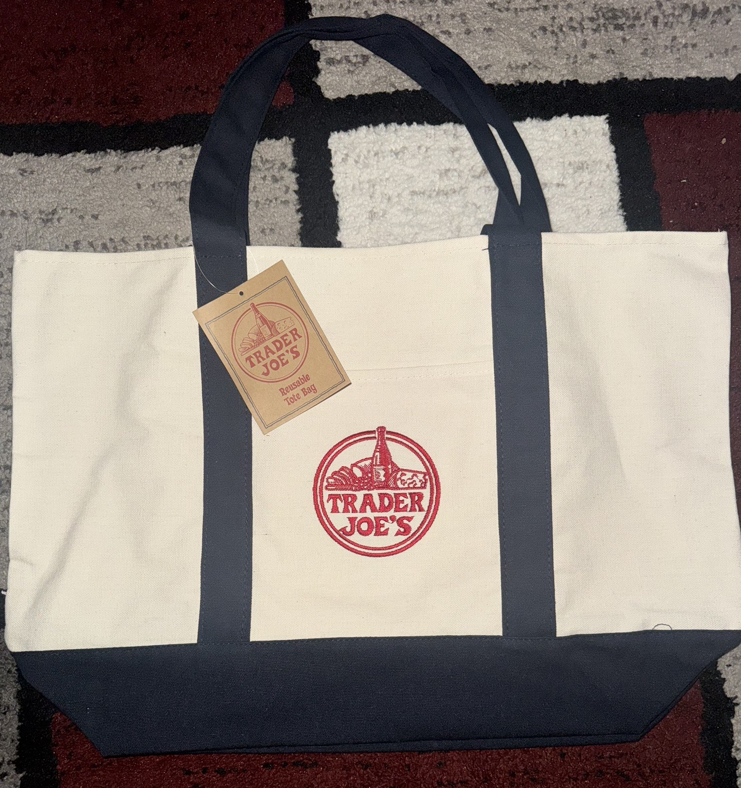 Trader Joe’s Reusable Canvas Tote Bag White Green Solid Pattern