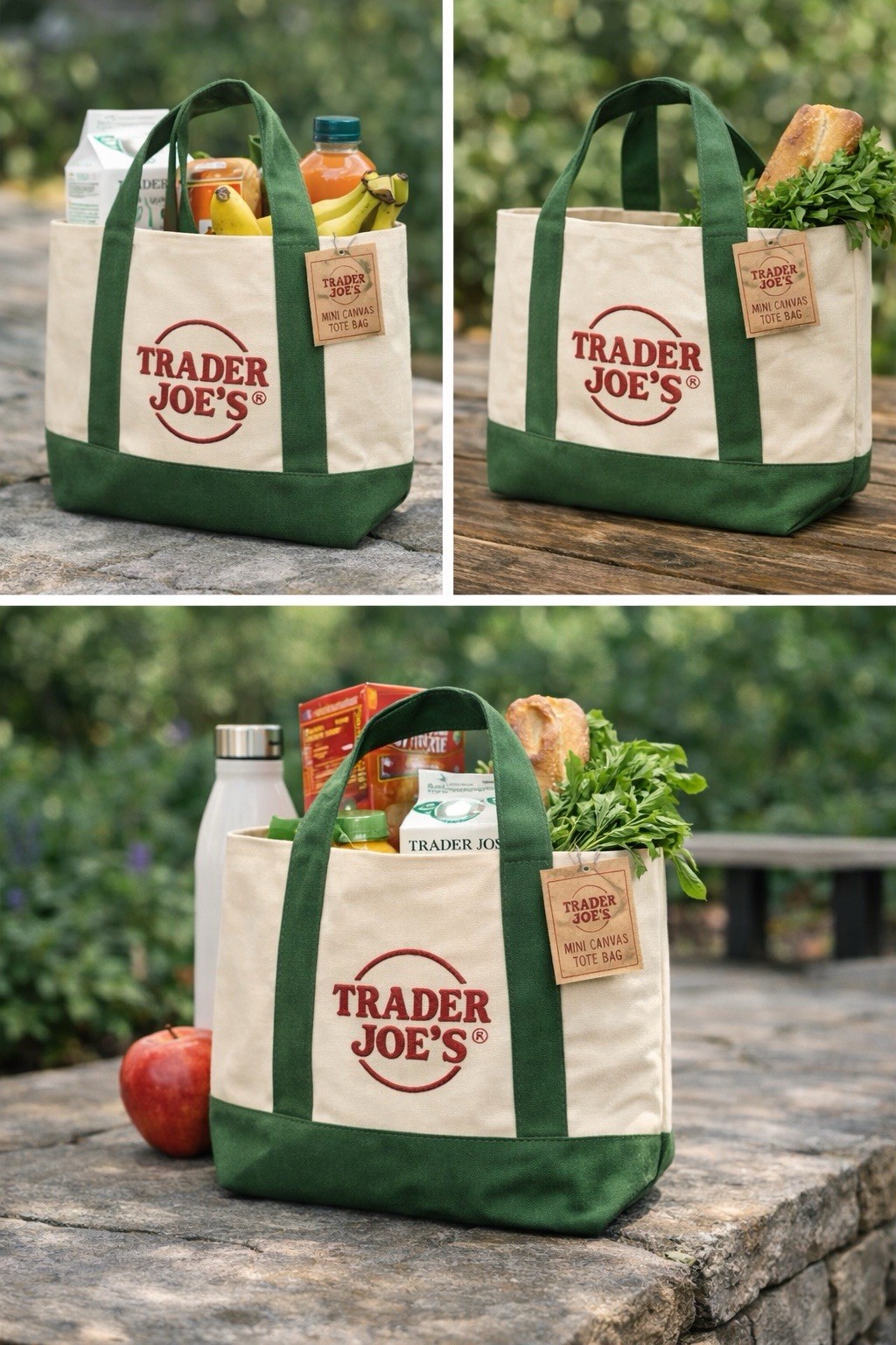 Trader Joe’s Large Canvas Tote Bag Green Beige Foldable Solid Shopping