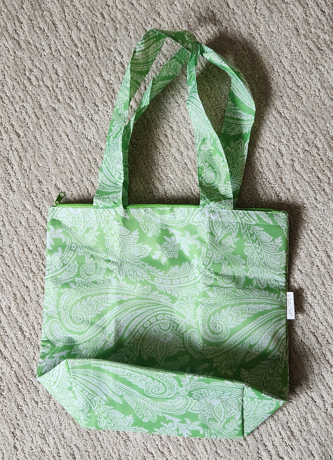 NEW SACHI green paisley insulated foldable tote market/lunch bag, zippered pouch