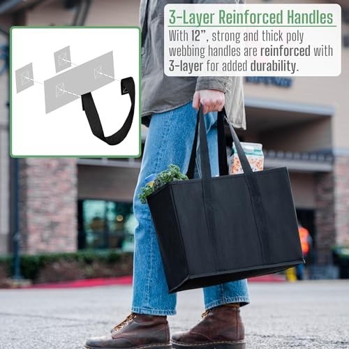 Reusable Grocery Bags 3 Pack Heavy Duty 6 Gallon Hard Bottom Foldable Shopping