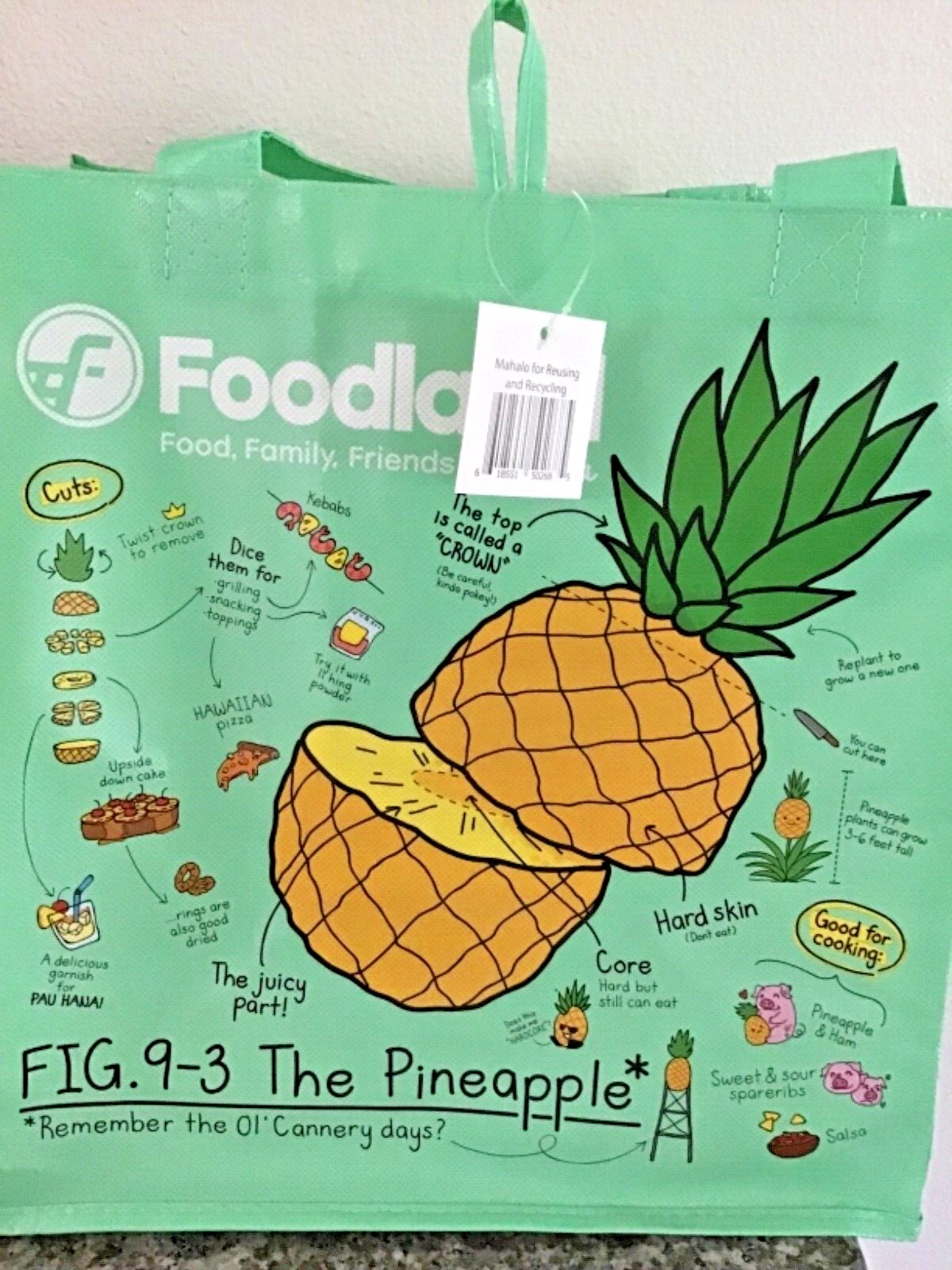 HAWAIIAN FOODLAND FRUITS LIGHT GREEN REUSABLE SHOPPING BAG / BEACH BAG