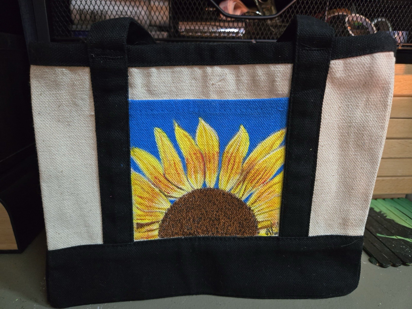 Sunflower Floral 100% Cotton Reusable Tote Bag Black/Beige/Blue/Yellow 7x6in