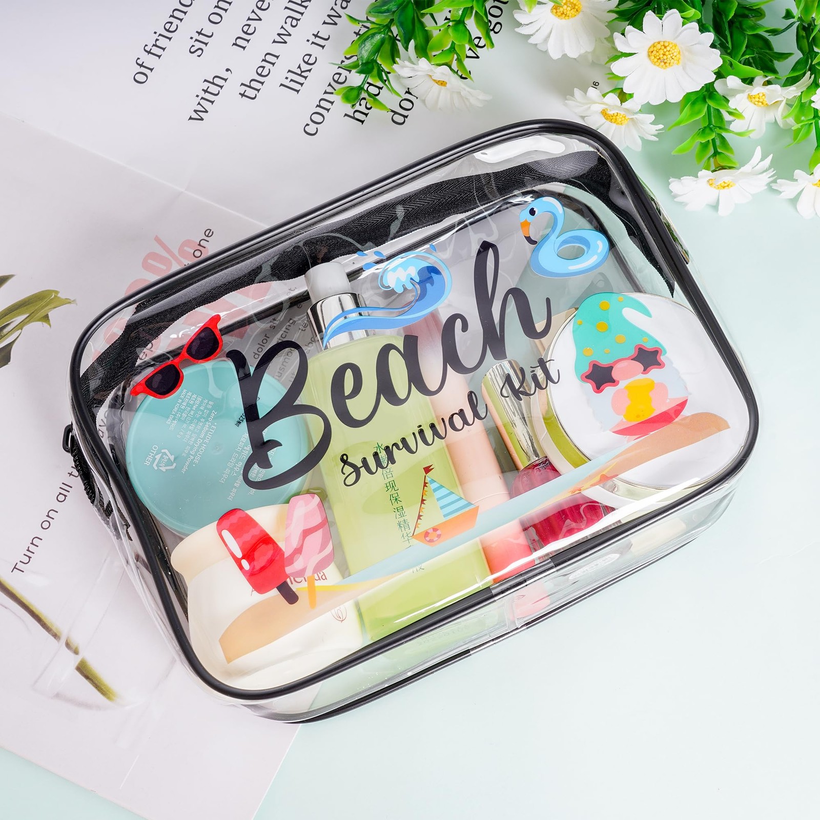 SUMERSHA 4Pcs Beach Clear Makeup Bags for Women 7.8 x 5.5 x 2.4 inches,