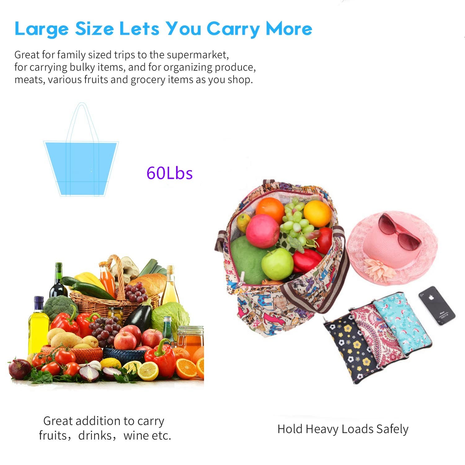 Reusable Grocery Shopping Bags Set of 2 Recycling Shopping Totes with Long Ha…