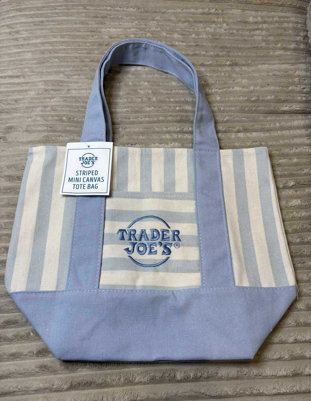 Trader Joe’s Mini Pastel Striped Canvas Tote Bag 2026 – Light Blue – New