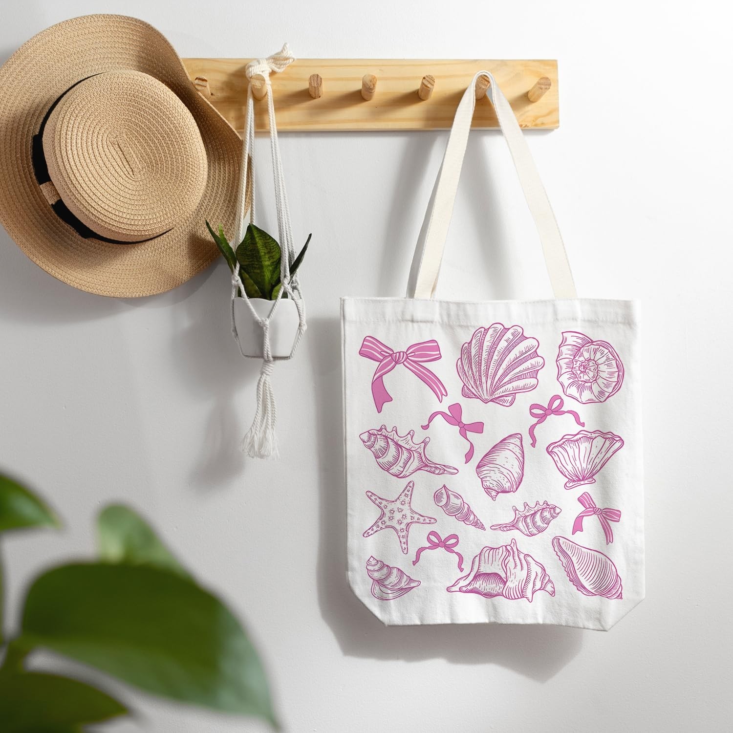 Coquette Pink Bow Seashell Tote Bag, Summer Beach Coastal Canvas Tote Bags fo…
