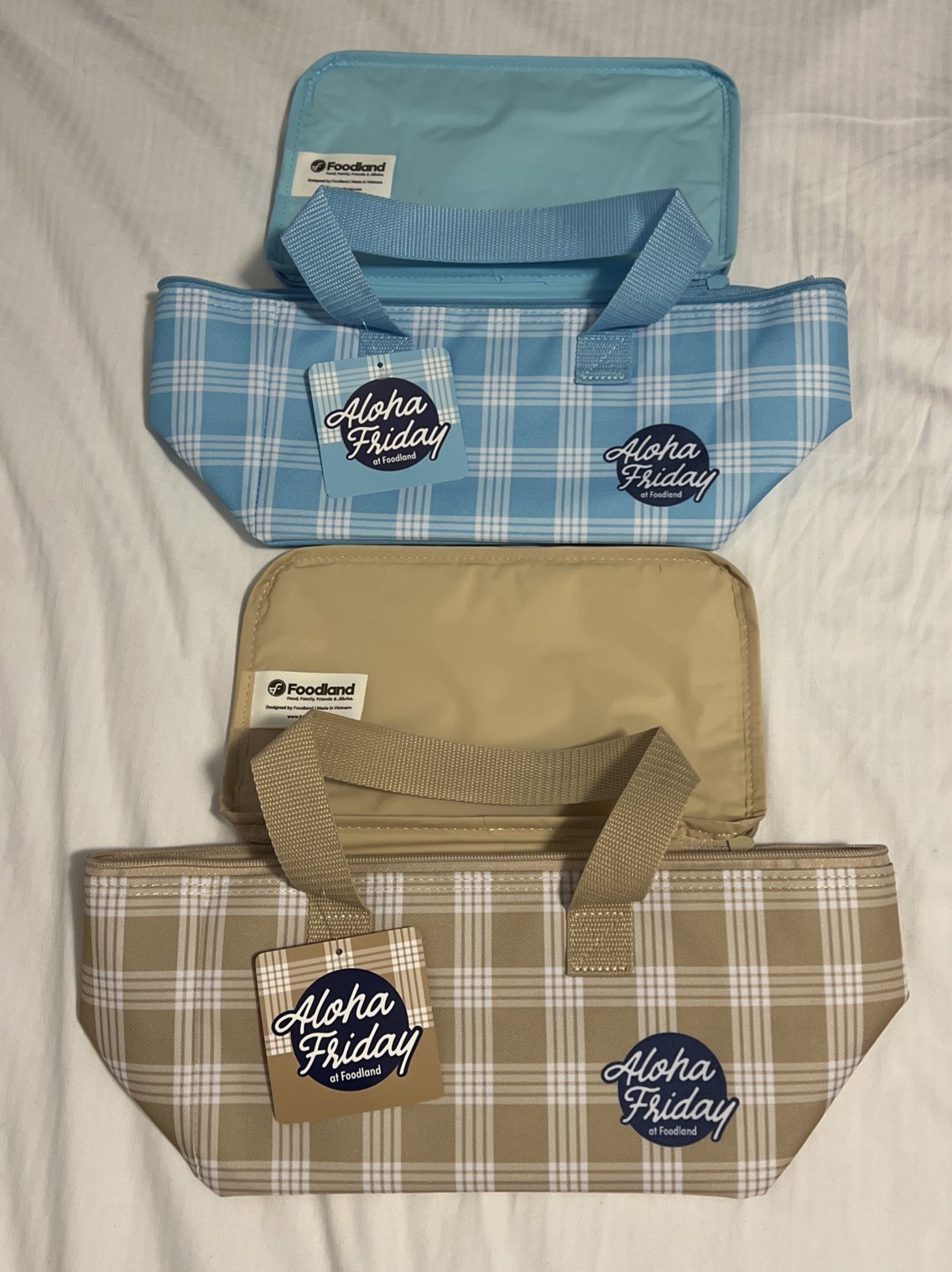 FOODLAND HAWAII BLUE & TAN PALAKA COOLER TOTE BAGS SET HAWAII EXCLUSIVE NEW