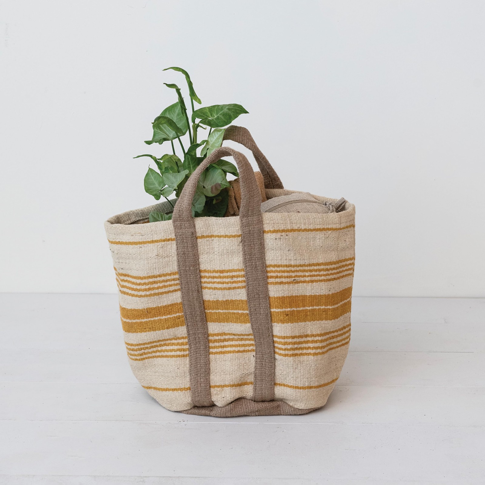 Jute and Cotton Tote Bag with Stripes and Handles, Cream, Yellow, and Natural