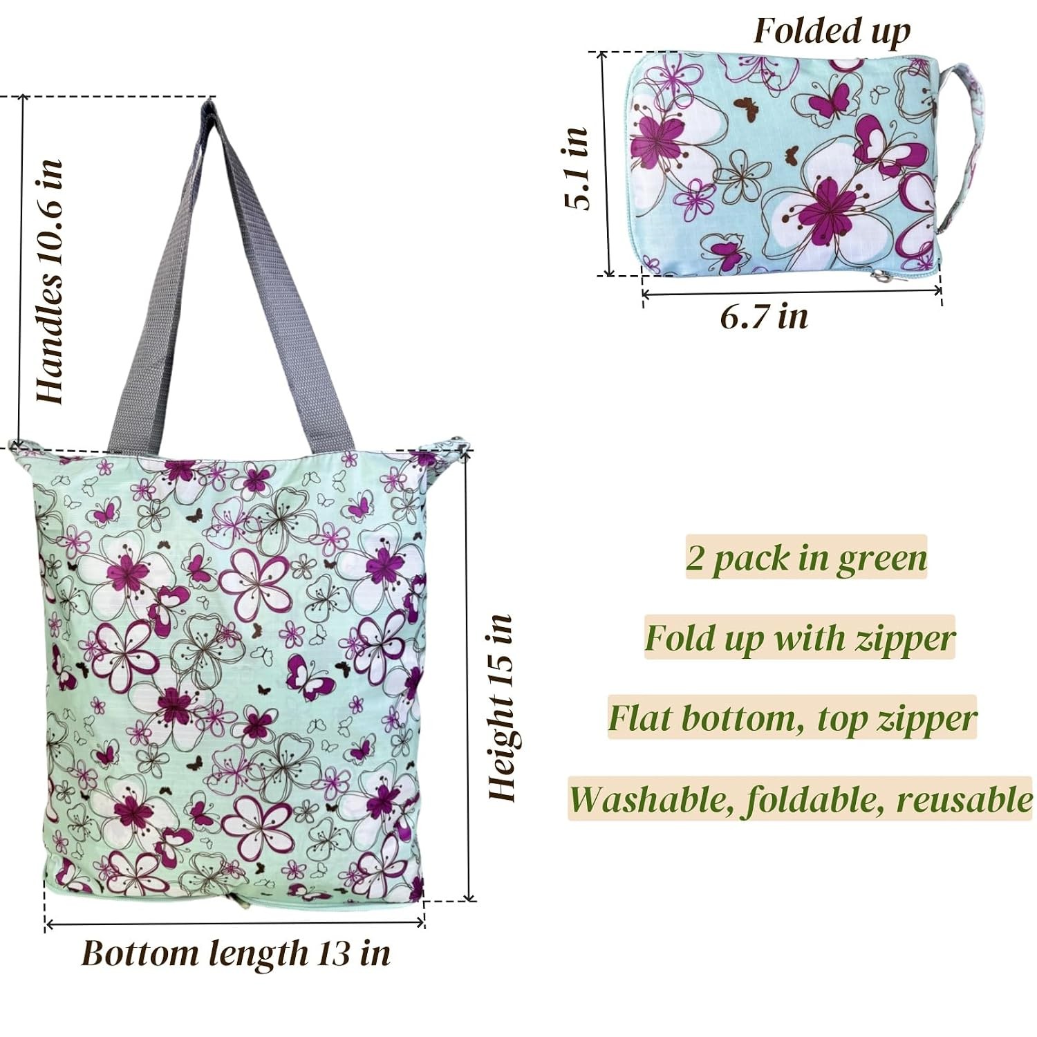 Reusable Kitchen Grocery Bags with Zipper Closure Foldable Shopping Tote Bag Set