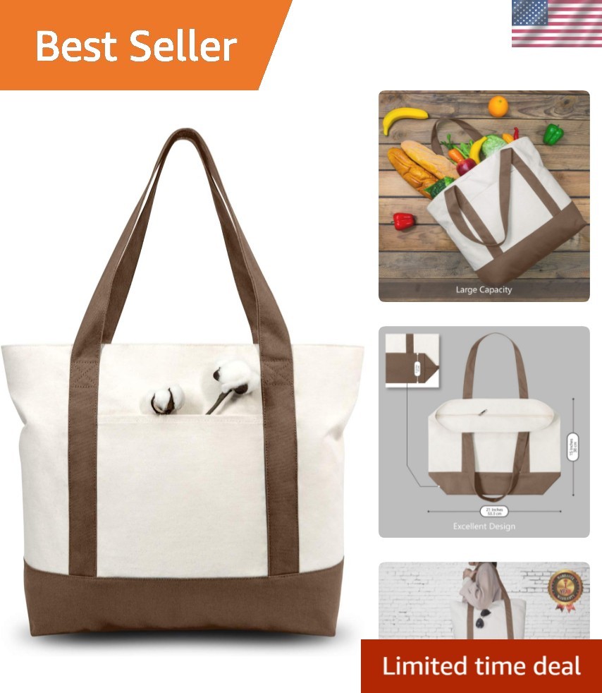 Durable Large Canvas Tote Bag with Zipper – 25L Eco-Friendly Shopping Essential