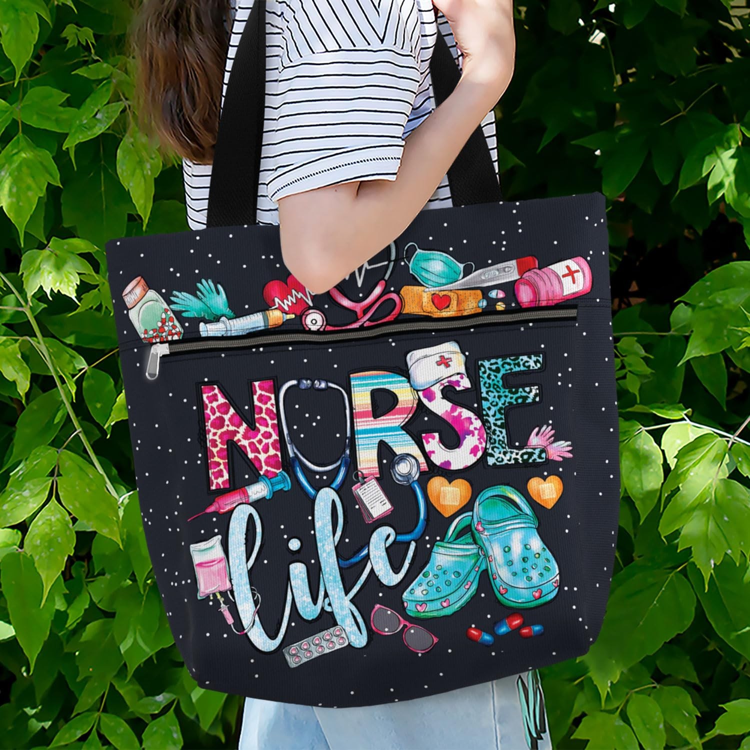 Large Waterproof Tote Bag With Pockets And Zipper For Work. Gift For Nurse. Shou
