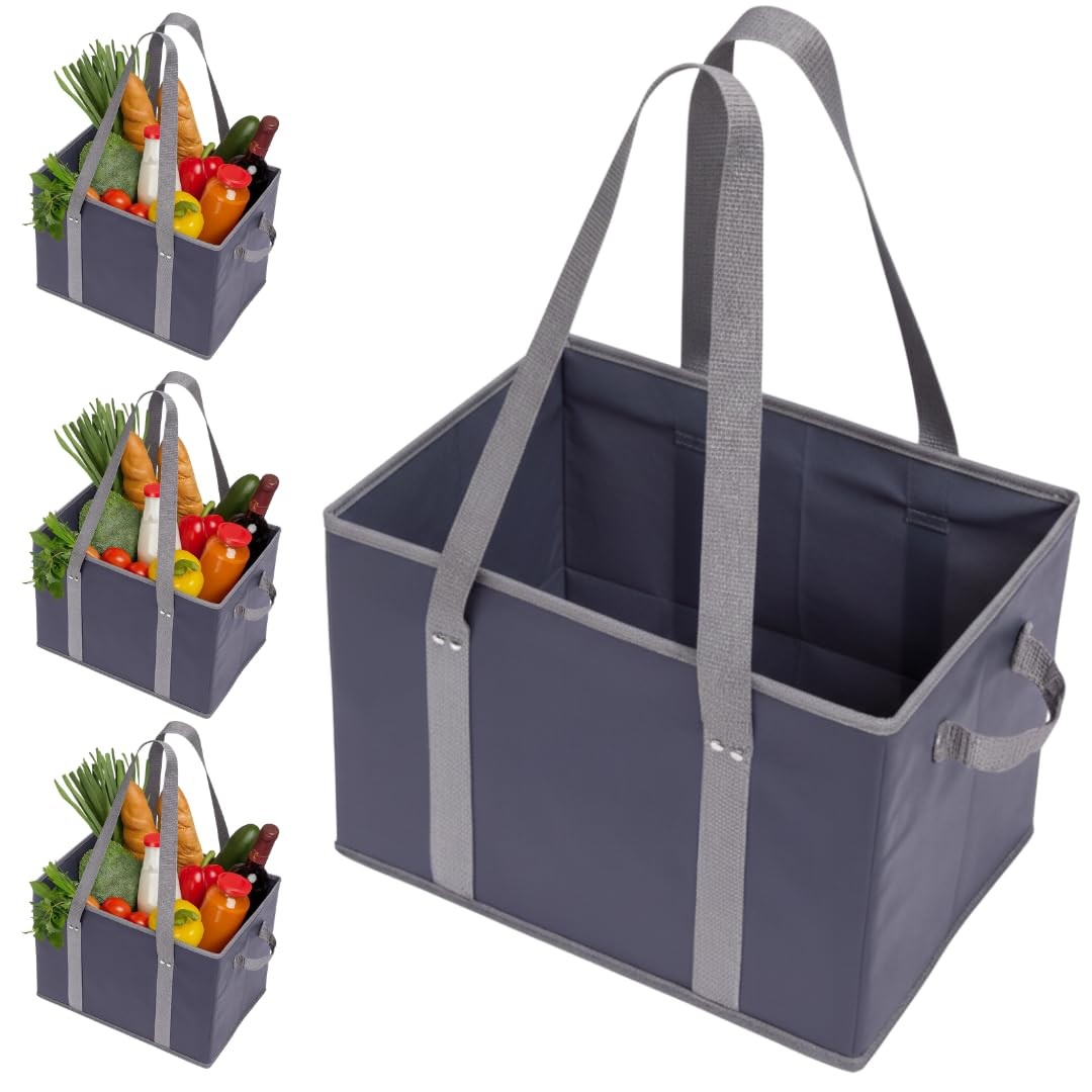 4 PCS Reusable Grocery Bags Heavy Duty Foldable Box Tote Navy Blue/Gray