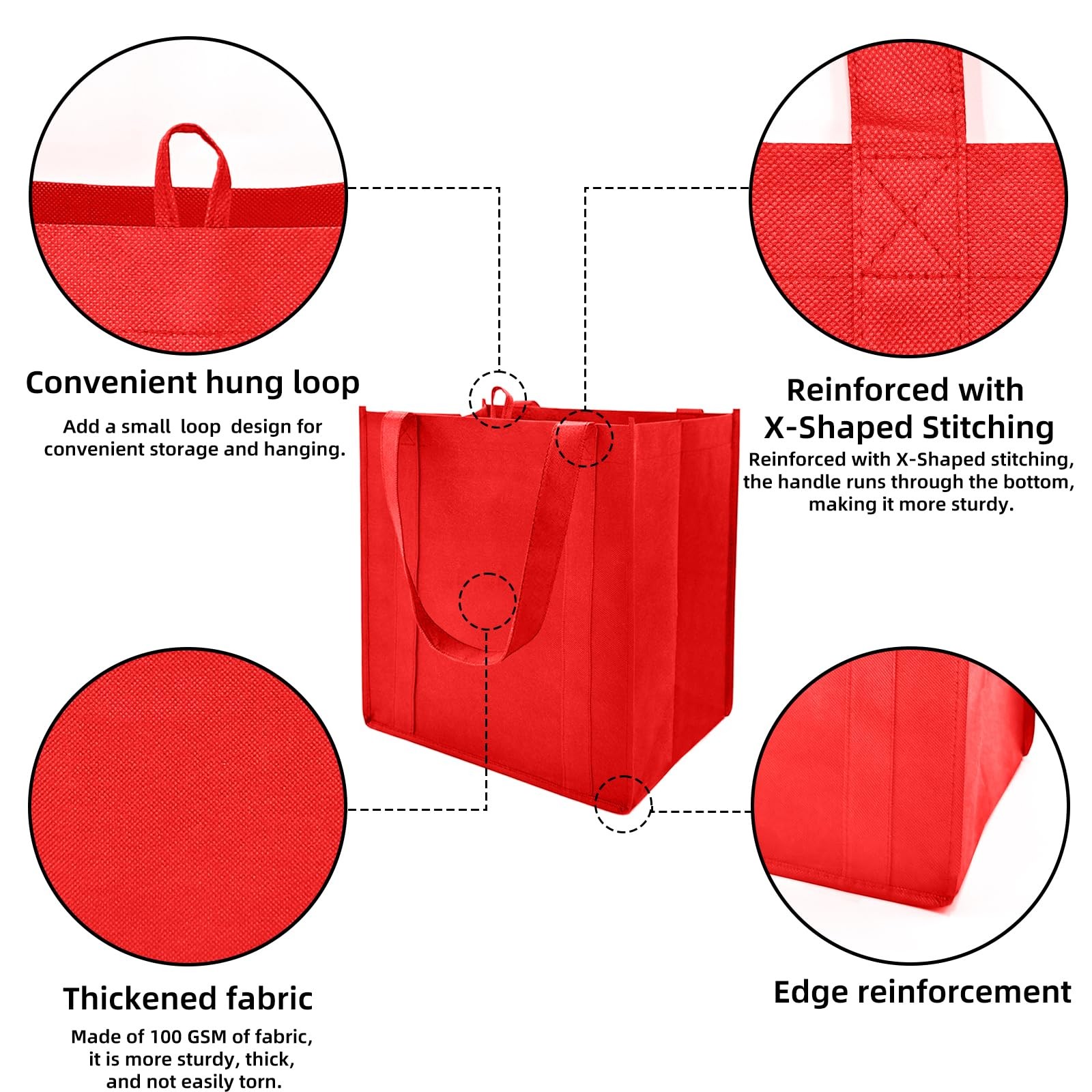 6 PCS Reusable Grocery Bags Heavy Duty Plastic Bottom Red Holds 40 Lbs