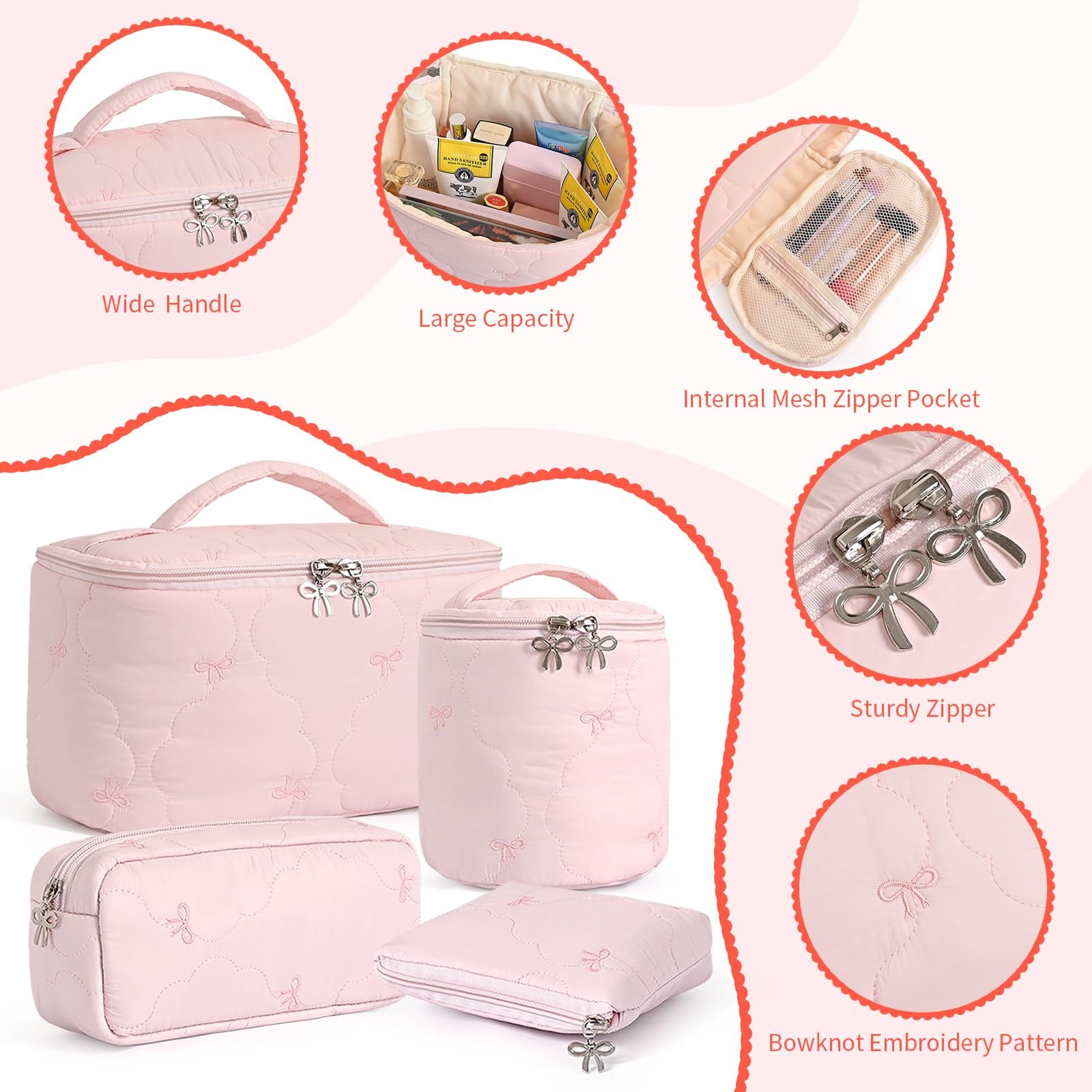 4Pcs Quilted Makeup Bag Set, Cute Bowknot Puffy 10.2 x 5.5 x 6.3 inches, Pink