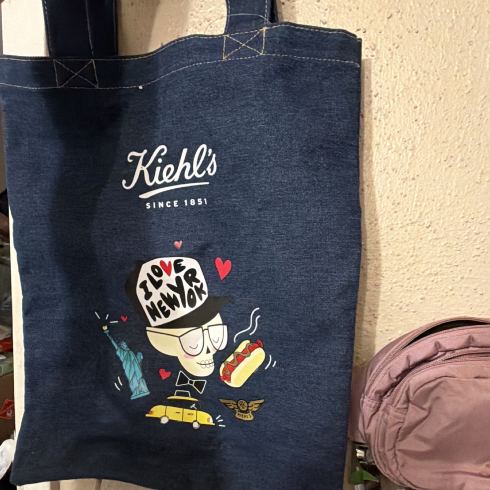 Kiehl’s Blue Canvas Foldable Tote Bag Medium All-Over Pattern New York Graphic