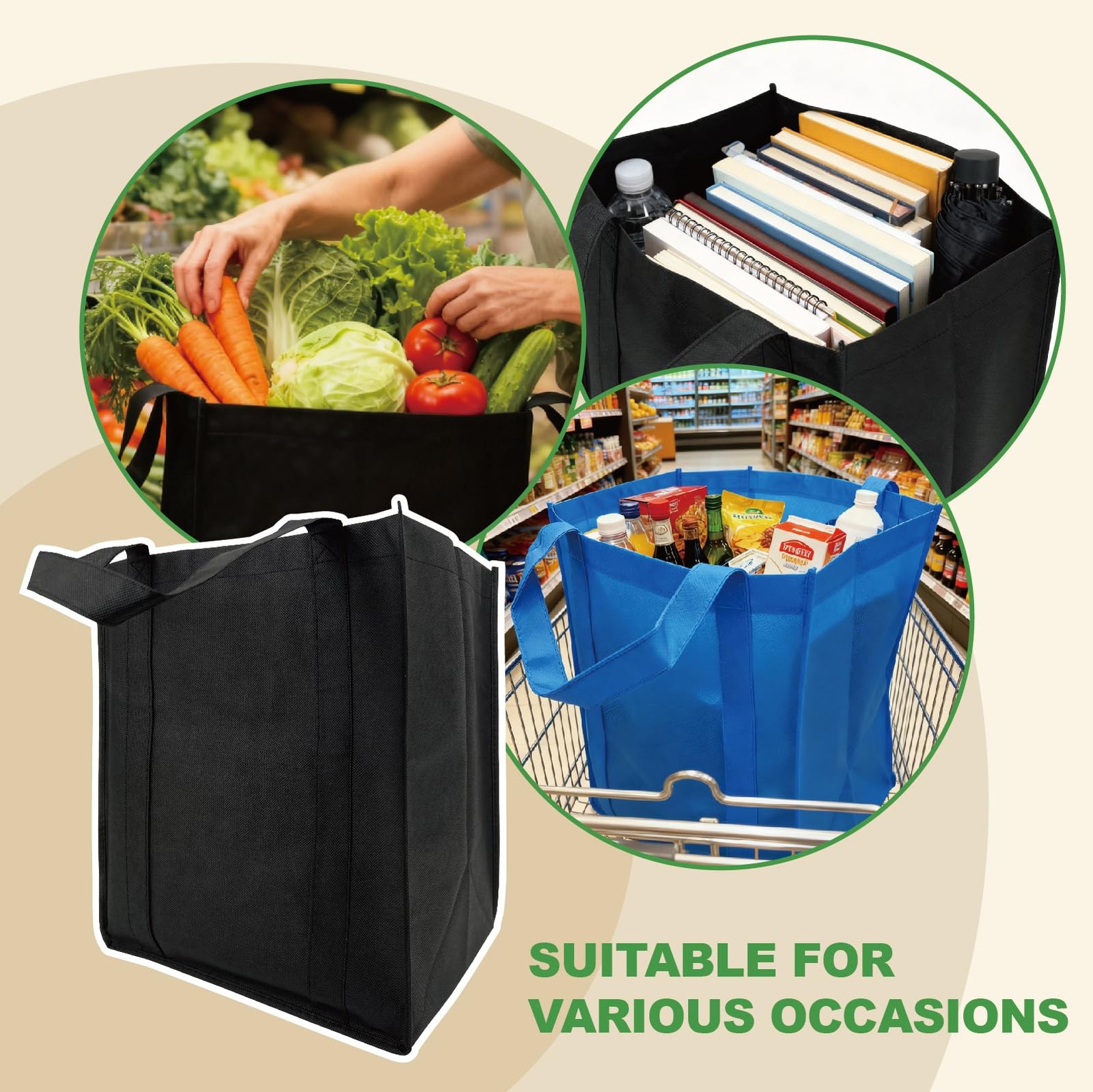 10 PCS 14.9×12.6×9.4 Inch Reusable Shopping Grocery Tote Bags Hold 50 Lbs